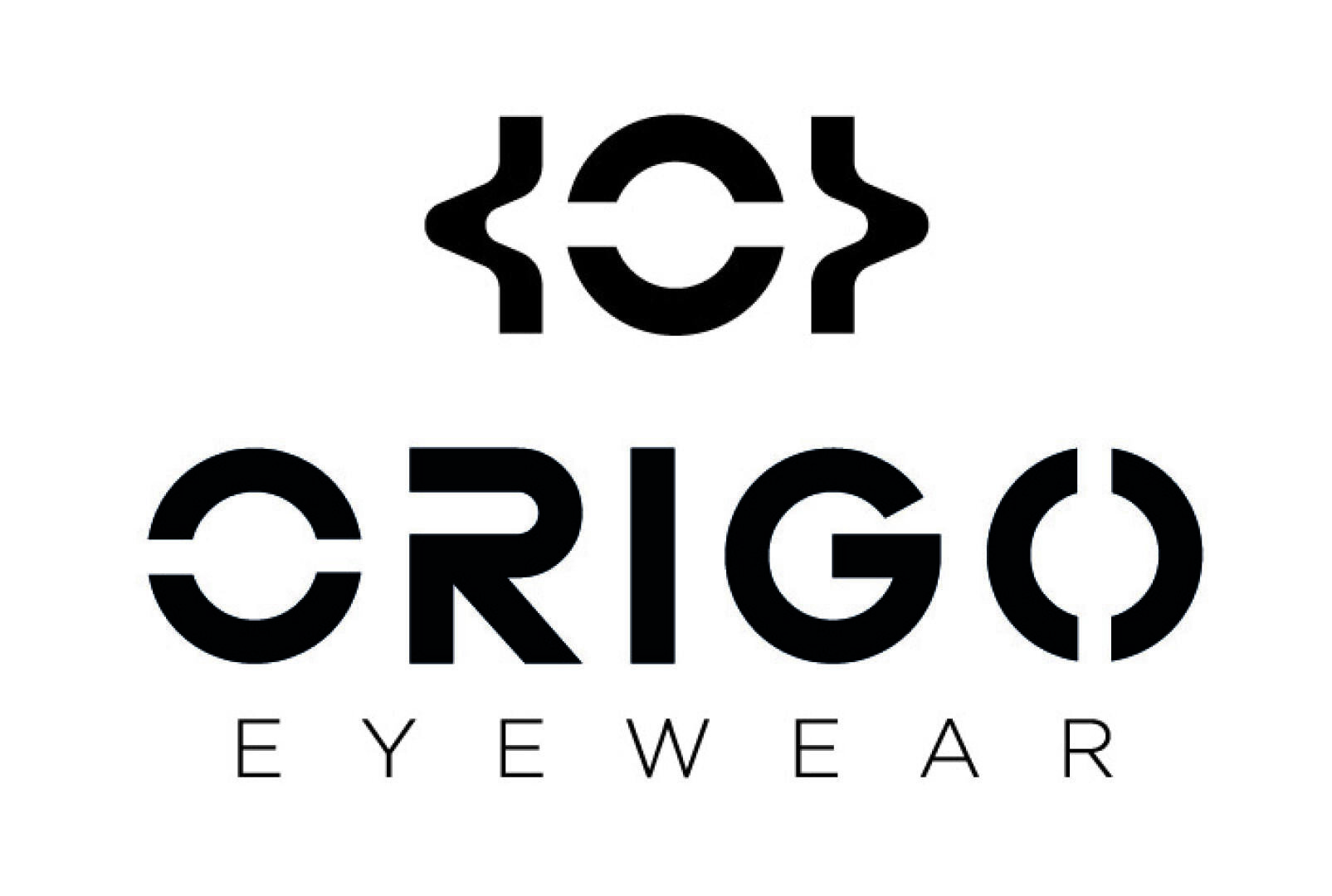 Schwarzes und weißes Logo für Origo Eyewear mit einem kreisförmigen, abstrakten Design über dem Markennamen. Das Wort ORIGO wird in stilisierten, geometrischen Buchstaben geschrieben, und EYEWEAR steht darunter in dünnen, beabstandeten Buchstaben.