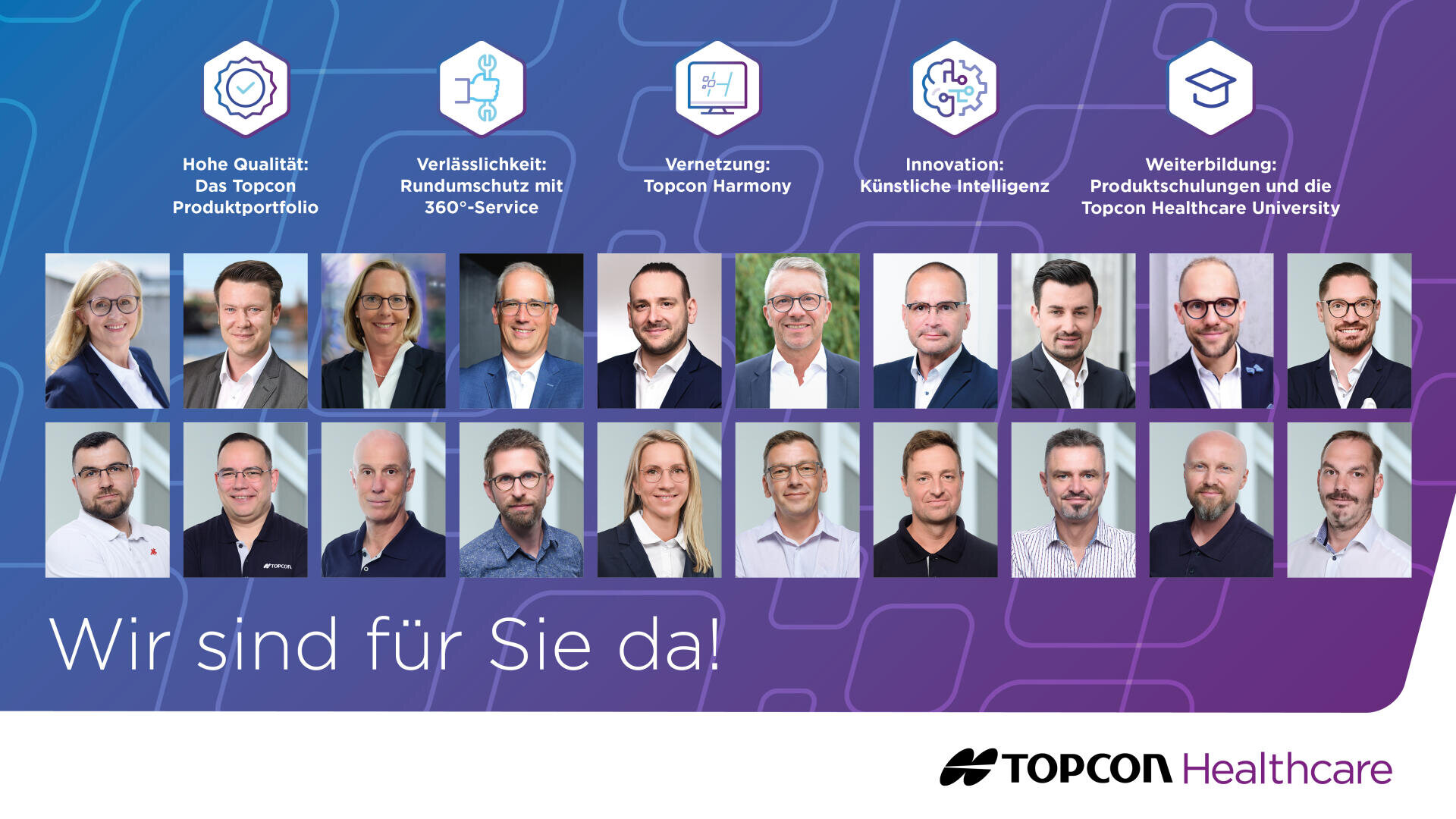 Eine Gruppenfotocollage von 19 professionellen Einzelpersonen, Männern und Frauen, in zwei Reihen angeordnet, mit deutschem Text und Symbolen darüber, die die Dienste von Topcon Healthcare beschreiben, auf einem blau-violetten Hintergrund mit Farbverlauf.