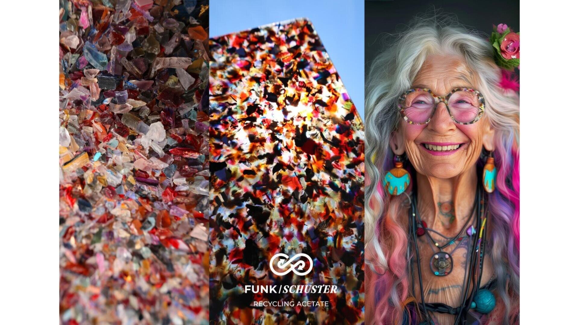 A collage with colorful acetate fragments, a multicolored block, and a joyful older woman with colorful hair, jewelry, and glasses; the FUNK | SCHUSTER recycling acetate logo is centered at the bottom.