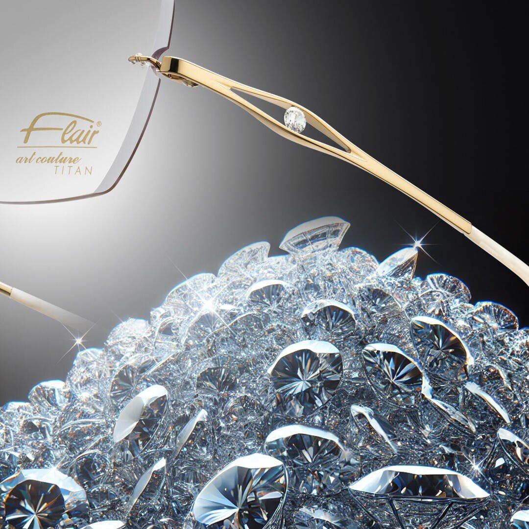 Eine Nahaufnahme einer stilvollen Brille mit einem mit Gold und Diamanten besetzten Bügel über einem Haufen funkelnder Diamanten, auf deren Gläsern das TITAN-Logo von Flair Art Couture zu sehen ist.
