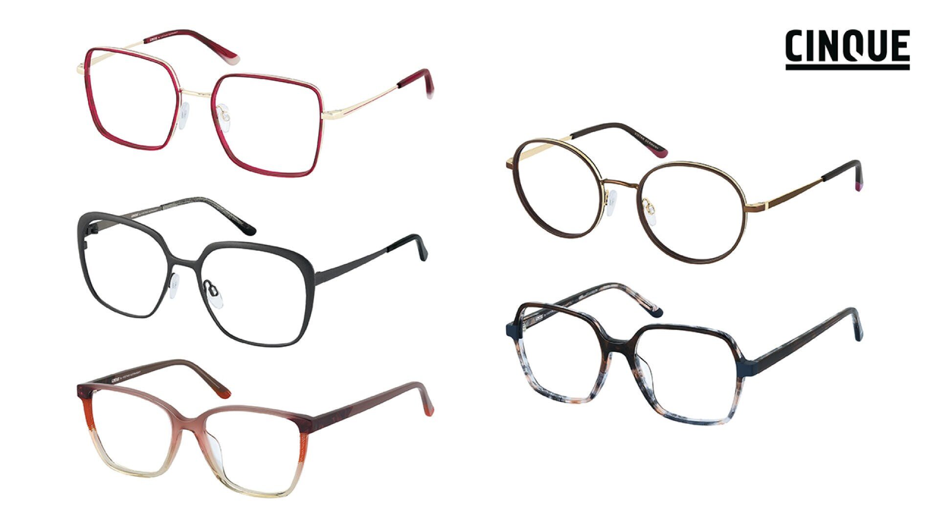 Eine Kollektion von fünf Brillen in verschiedenen Formen und Farben auf weißem Hintergrund mit dem CINQUE-Logo in der oberen rechten Ecke.