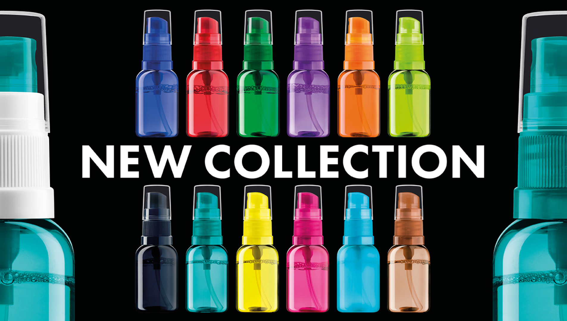 Bunte Sprühflaschen in zwei Reihen über dem fettgedruckten Text NEW COLLECTION auf schwarzem Hintergrund, mit Teilen von zwei größeren blauen und weißen Flaschen auf beiden Seiten.