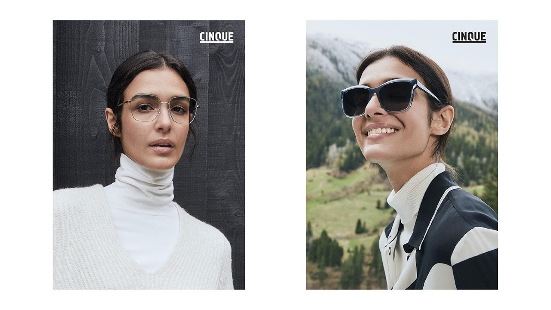 Geteiltes Bild: Links steht eine Frau in weißem Rollkragenpullover und Brille vor einer dunklen Holzwand. Rechts trägt dieselbe Frau lächelnd eine Sonnenbrille im Freien, im Hintergrund sind Berge und Bäume zu sehen. Auf beiden Bildern steht der Schriftzug CINQUE.