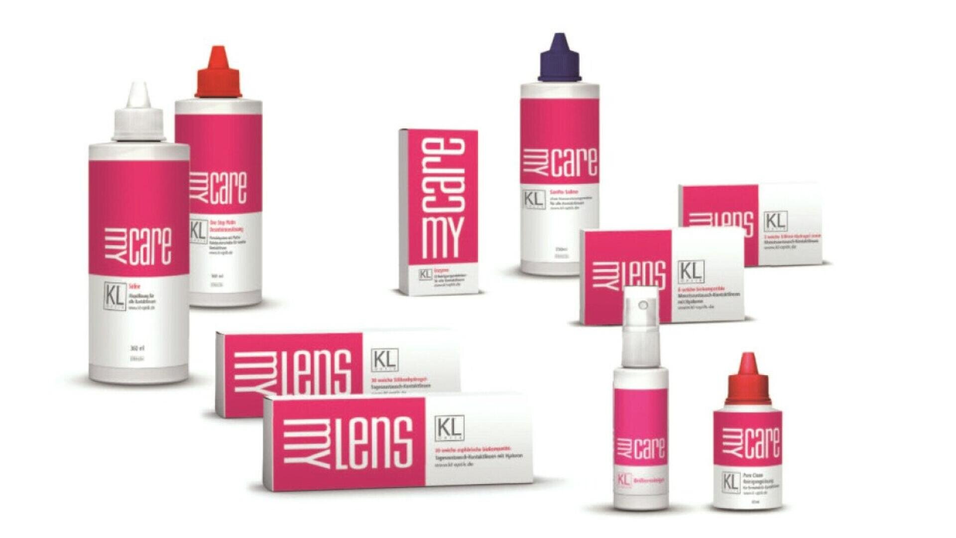 Various bottles and boxes of eye care products with pink and white packaging are displayed against a white background. The labels read my care and lens along with the abbreviation KL.