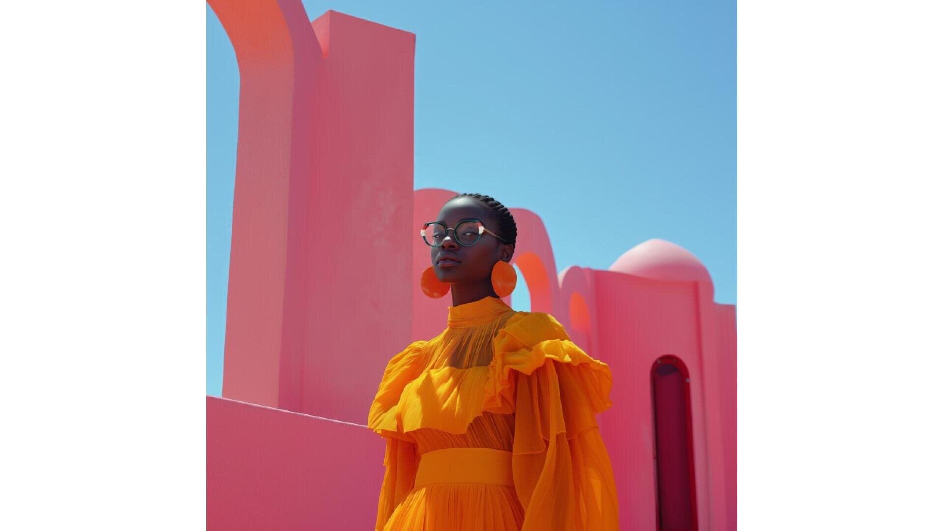 A stylish person in a vibrant orange ruffled dress and large round earrings stands confidently in front of modern pink architectural structures under a clear blue sky.