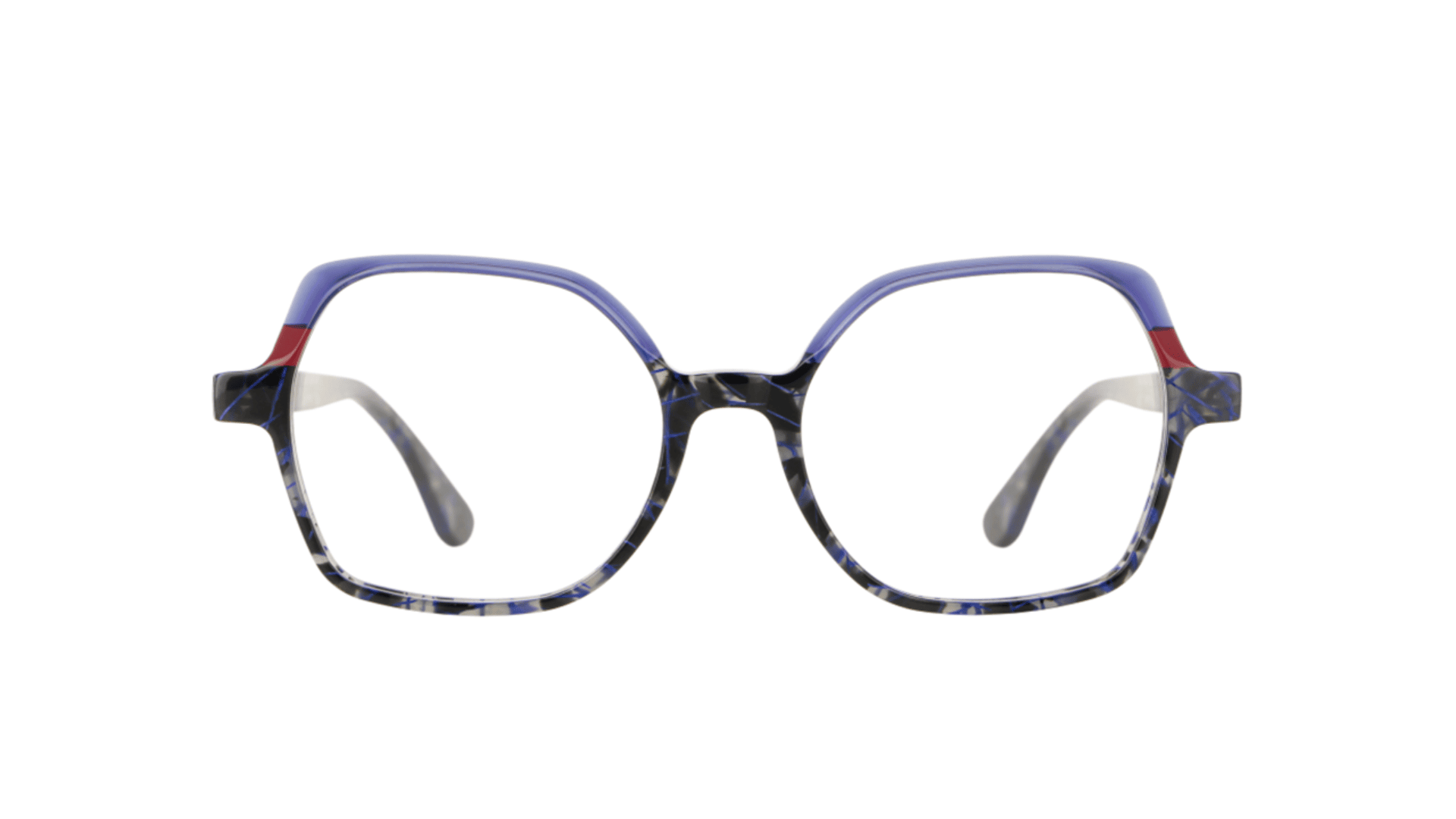 A pair of eyeglasses with large, square frames featuring a mix of blue, black, and red colors. The temples are black with a marbled pattern and clear lenses. The background is white.
