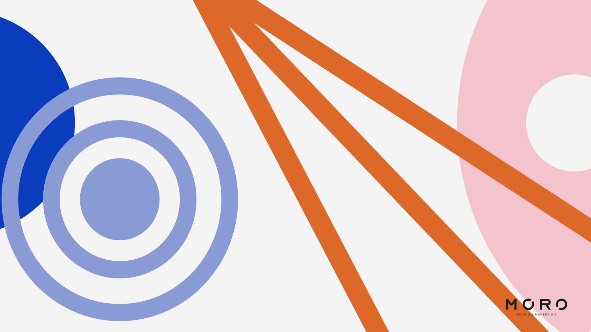 Abstraktes Design mit blauen konzentrischen Kreisen links, drei orangefarbenen diagonalen Linien nach oben und einem großen rosa Oval rechts. Das MGRO-Logo erscheint in der unteren rechten Ecke.
