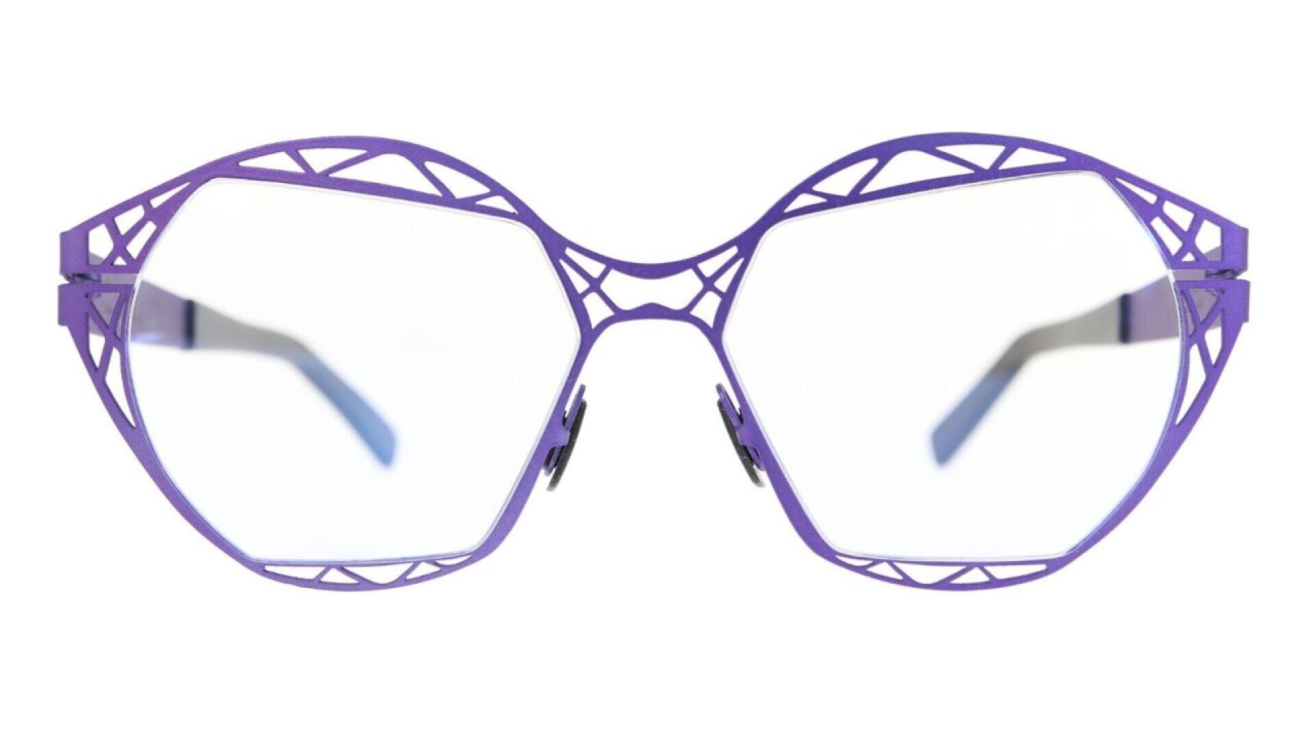 Purple geometric eyeglass frames with an open lattice design along the edges, viewed from the front against a white background.