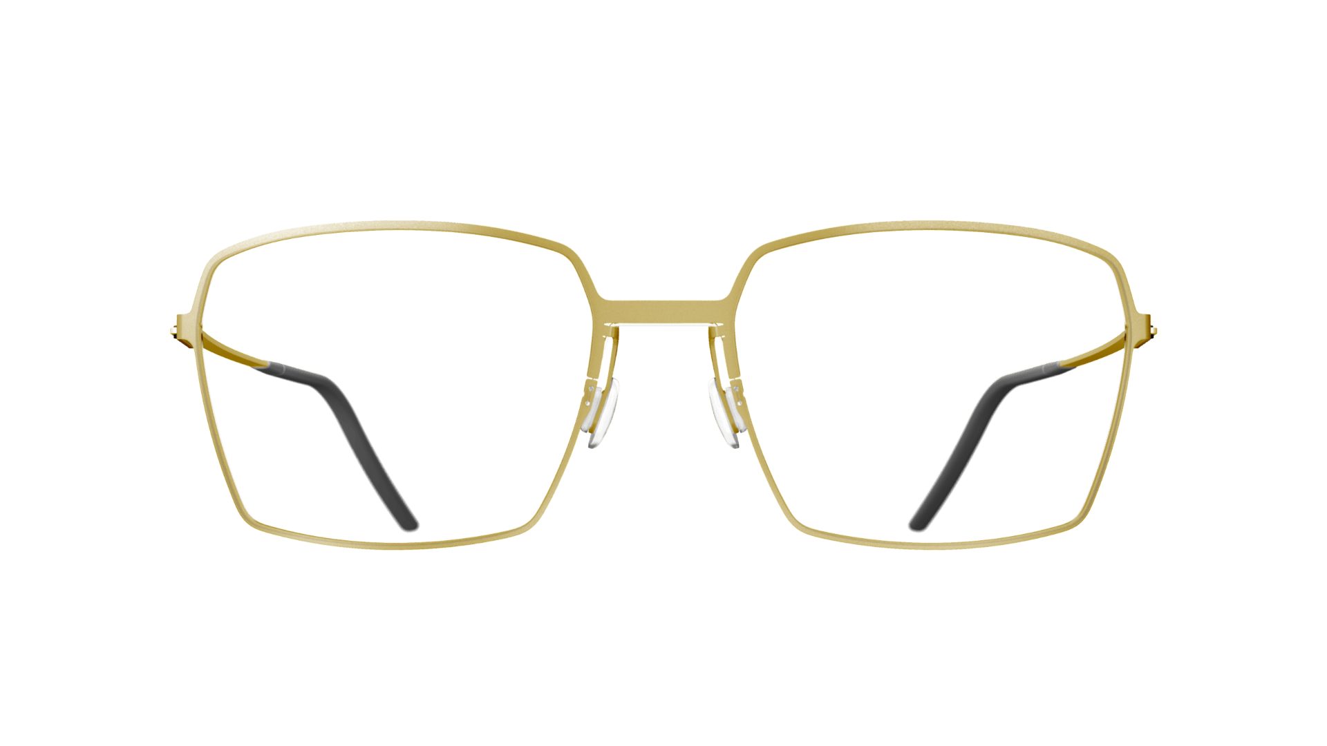 Eine geometrische Brille mit Goldrand, leicht abgerundeten quadratischen Gläsern und schwarzen Bügelenden, von vorne auf transparentem Hintergrund betrachtet.