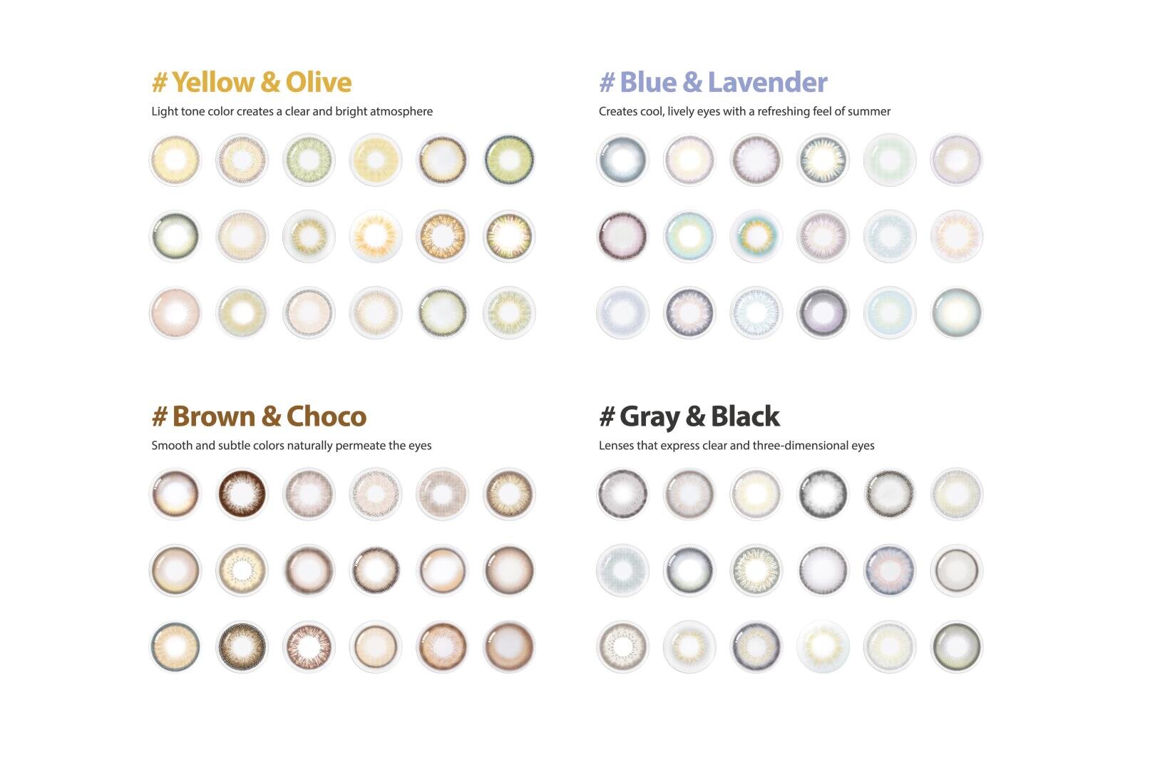 A table of colored contact lens options in four groups: Yellow & Olive, Blue & Lavender, Brown & Chocolate and Gray & Black. Each group shows different lens designs and tints with brief descriptions.