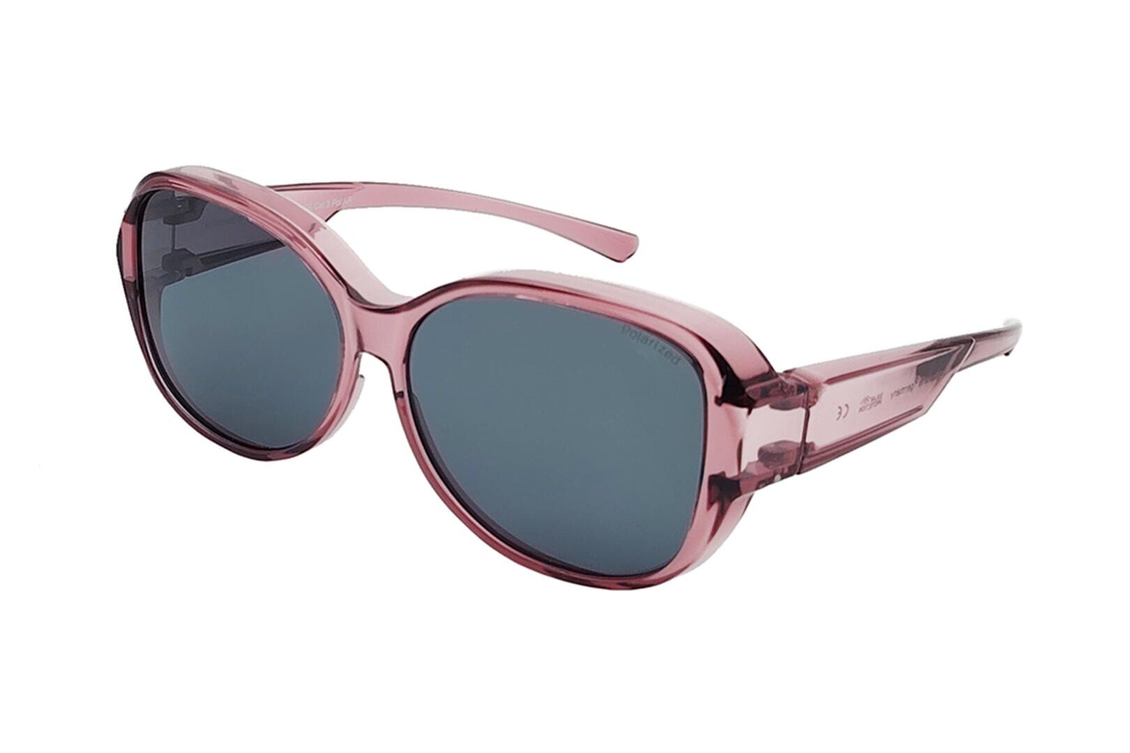 Eine Sonnenbrille mit großen, abgerundeten Rahmen aus durchscheinendem rosa Kunststoff und dunkel getönten Gläsern. Die Bügel sind dick und passen zur rosa Farbe des Rahmens.