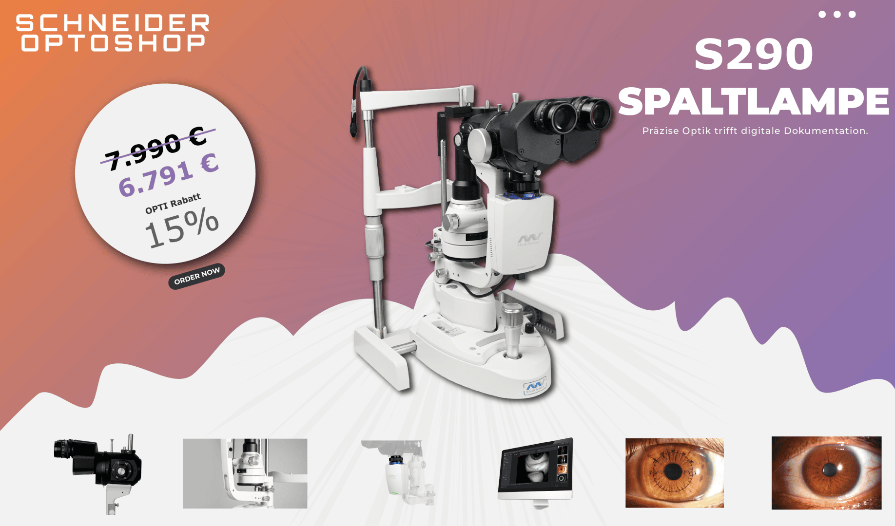Werbebild für die Spaltlampe S290 von Schneider Optoshop mit dem Gerät, einem Rabatt von 15 % (von 7.990 € auf 6.791 €) und kleineren Bildern der Lampe und Nahaufnahmen des Auges am unteren Rand.