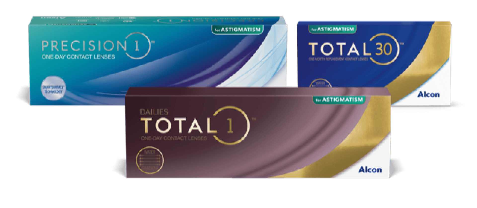 Es werden drei Alcon-Kontaktlinsenboxen angezeigt: Precision1 für Astigmatismus (blaue Box), Dailies Total1 (braune Box) und Total30 für Astigmatismus (blaue und goldene Box).