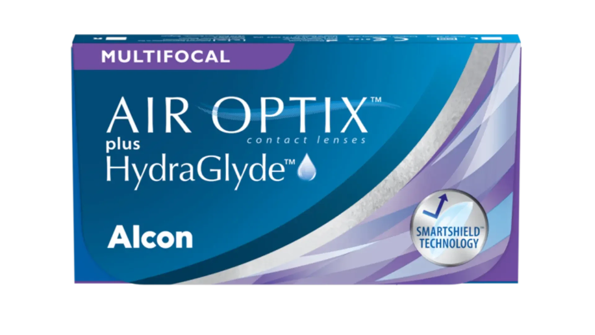 Blaue und violette Schachtel mit multifokalen Air Optix plus HydraGlyde-Kontaktlinsen von Alcon, mit einem Wassertropfensymbol und einem SmartShield Technology-Abzeichen auf der rechten Seite.