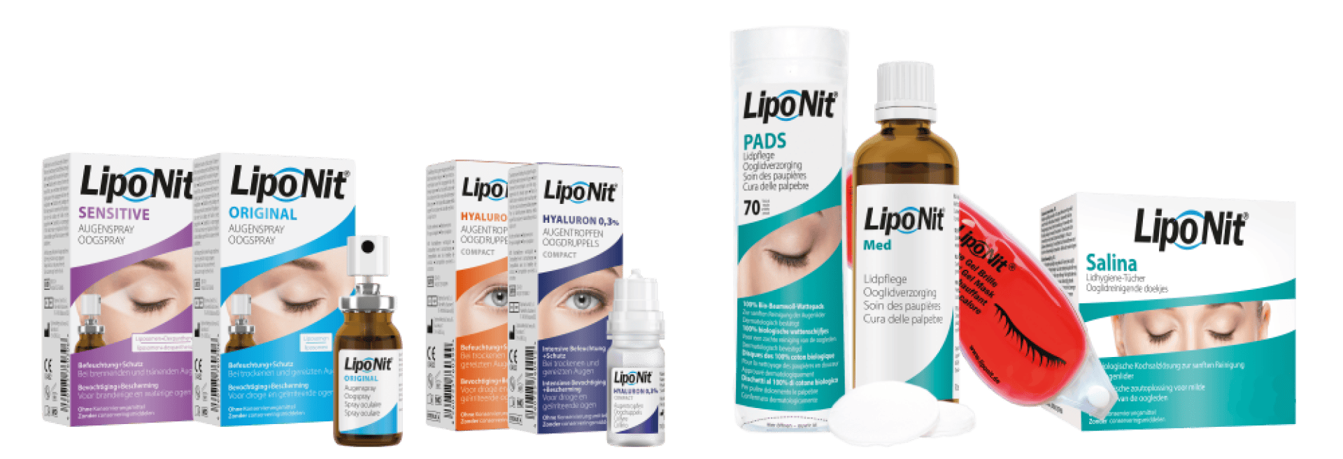 Verschiedene LipoNit-Augenpflegeprodukte, darunter Sprays, Tropfen, Pads und Tücher, sind in einer Reihe angeordnet und zeigen ihre Verpackungen in den Farben Lila, Blau, Orange und Weiß sowie Produktflaschen und Applikatoren.