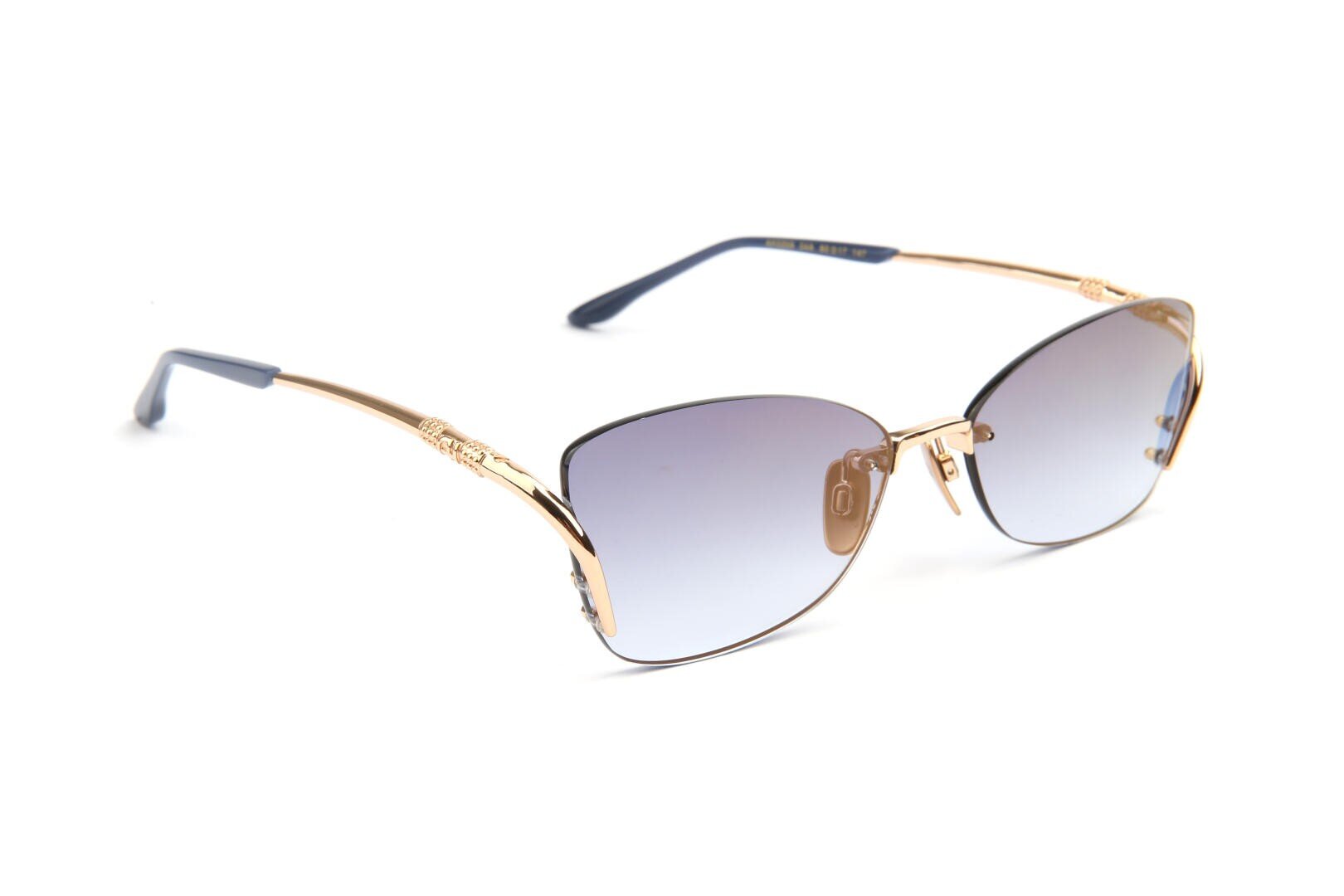 Gold-rimmed, stylish sunglasses with gradient blue-tinted lenses. The temples have dark blue earpieces and decorative details near the hinges. The glasses are positioned on a white background.