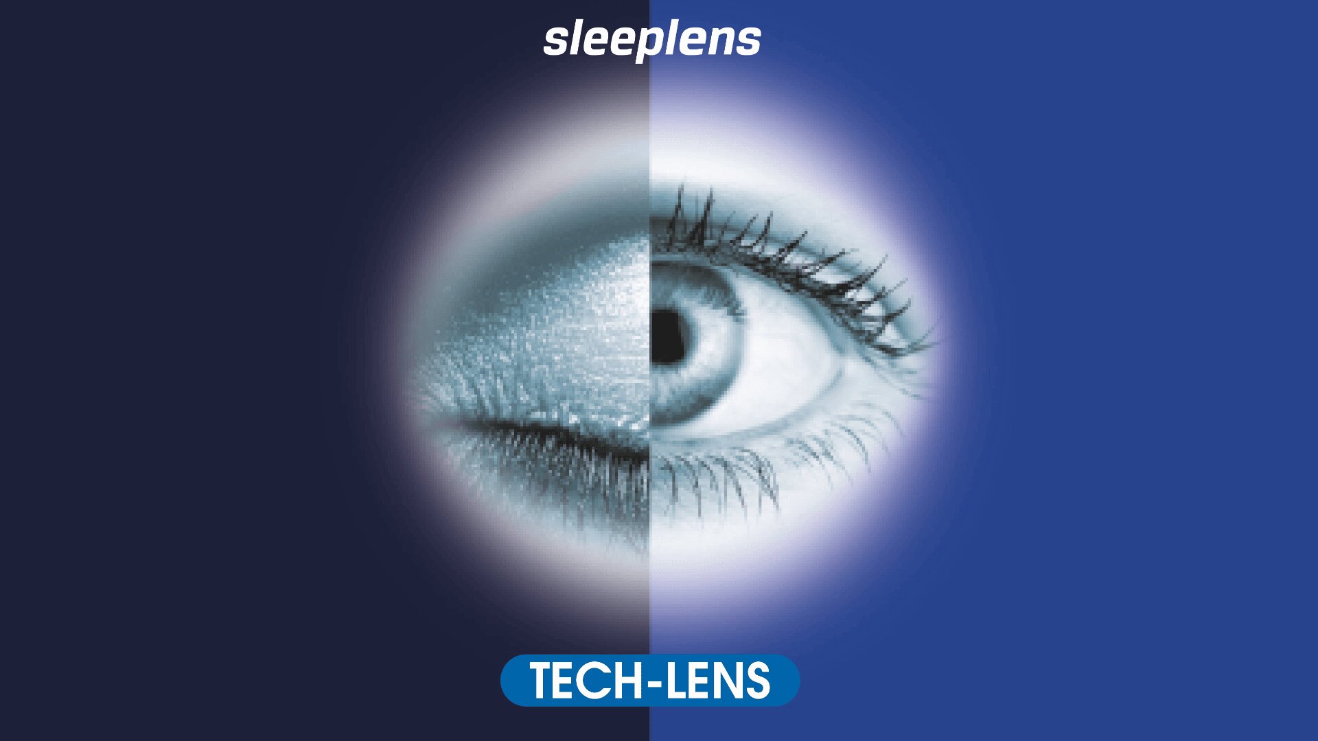 Ein geteiltes Bild eines Auges, wobei die linke Seite geschlossen und die rechte Seite offen erscheint, unter dem Wort „sleeplens“. Die Beschriftung „TECH-LENS“ befindet sich unten auf blauem Hintergrund.
