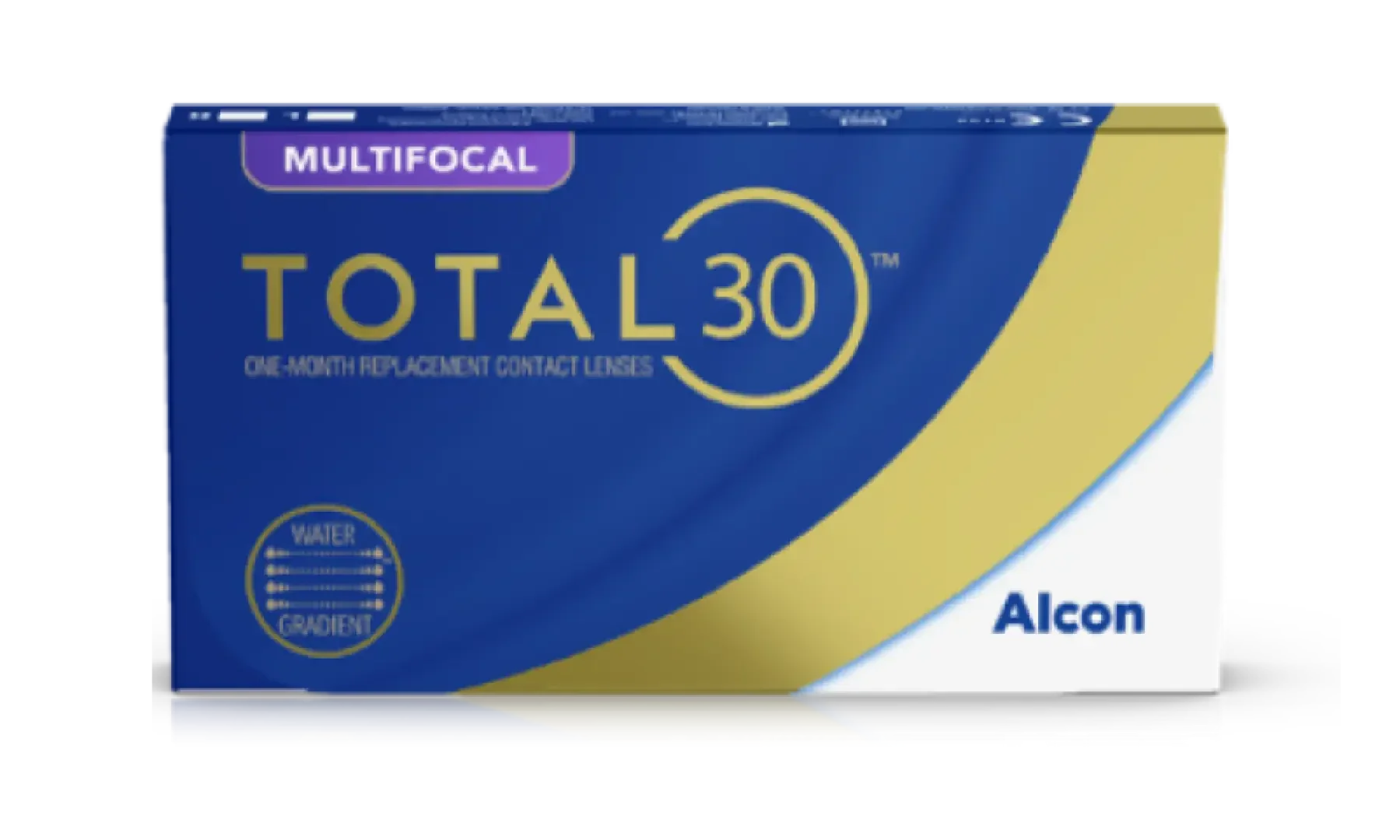 Eine blau-goldene Schachtel mit der Aufschrift „TOTAL30 Multifocal One-Month Replacement Contact Lenses“ von Alcon und einem Wassergradienten-Symbol auf der linken Seite.