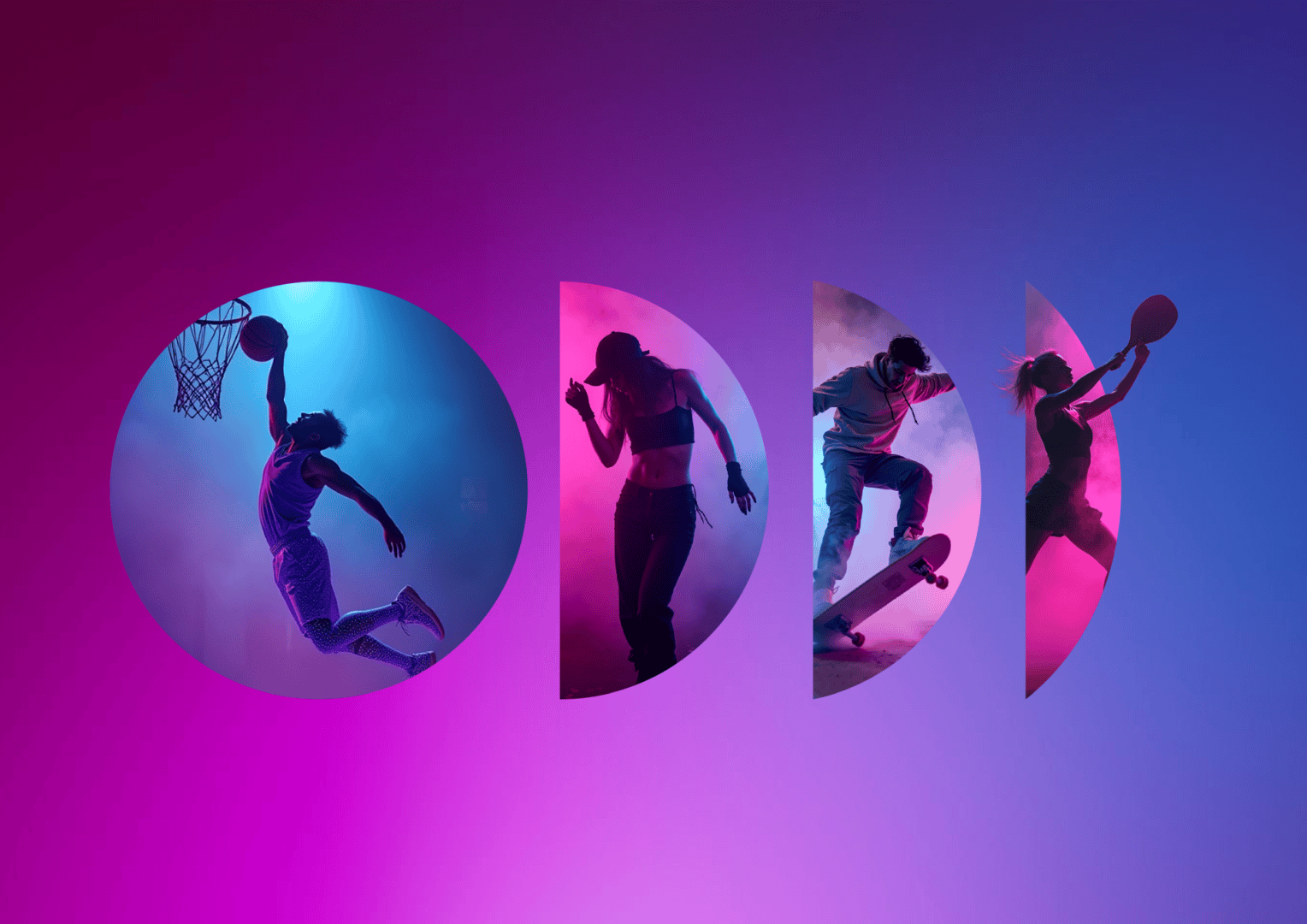 Vier Silhouetten zeigen einen Basketballspieler beim Dunken, eine Tänzerin mitten in der Bewegung, einen Skateboarder beim Fahren und einen Tennisspieler beim Schwingen, alles vor einem leuchtend blauen und rosafarbenen Hintergrund mit Farbverlauf.
