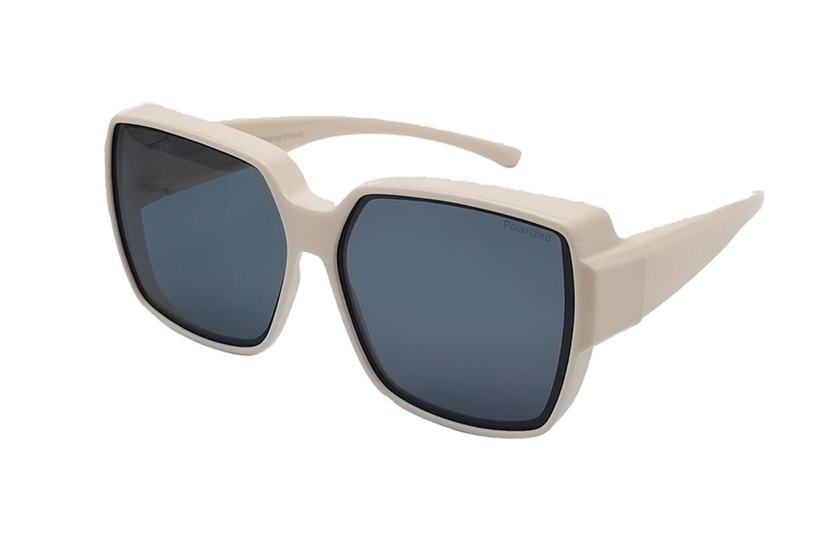 Cremefarbene, übergroße, quadratische Sonnenbrille mit dickem Rahmen und dunkel getönten Gläsern auf weißem Hintergrund.