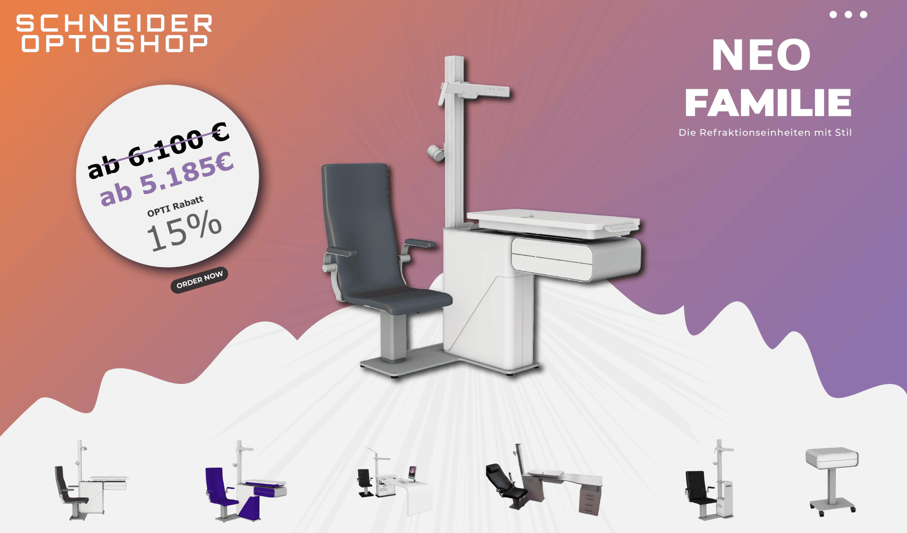 Werbegrafik für Schneider Optoshop, die ein modernes ophthalmologisches Refraktionsgerät mit Stuhl, ein Preisschild mit Preisnachlass, die Überschrift NEO FAMILIE und kleine Bilder verschiedener Gerätemodelle am unteren Rand zeigt.
