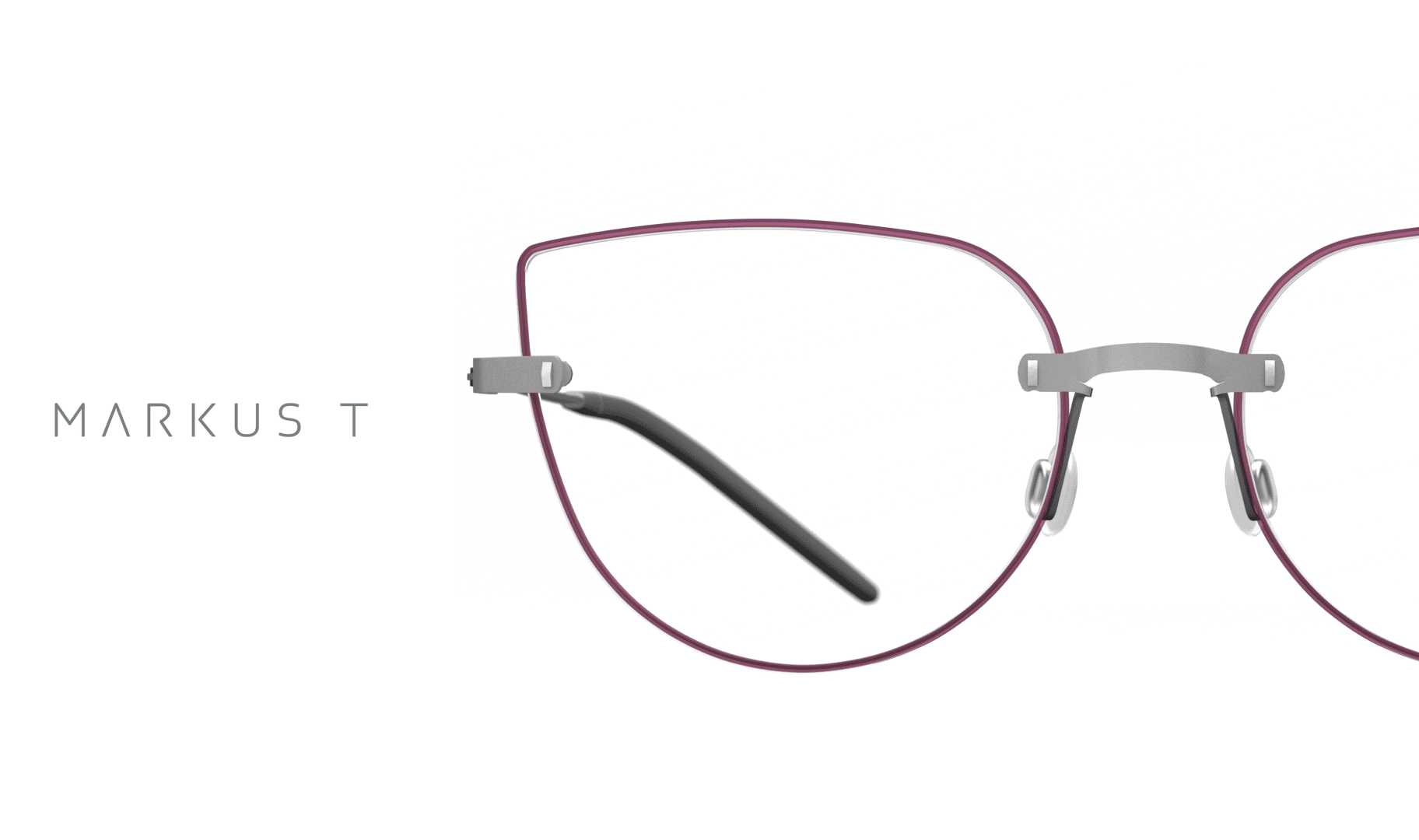 Minimalist eyeglasses with thin, maroon frames and silver nose bridge, shown against a white and green background with the text MARKUS T on the left.