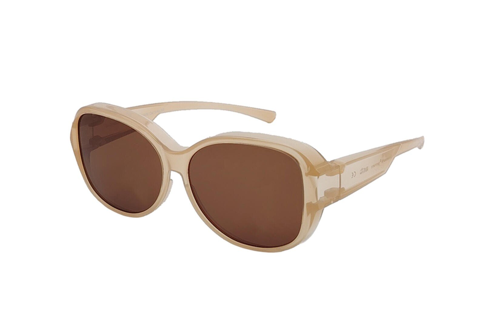 Beigefarbene, übergroße Sonnenbrille mit dickem Rahmen und braun getönten Gläsern, leicht nach rechts geneigt, vor weißem Hintergrund.