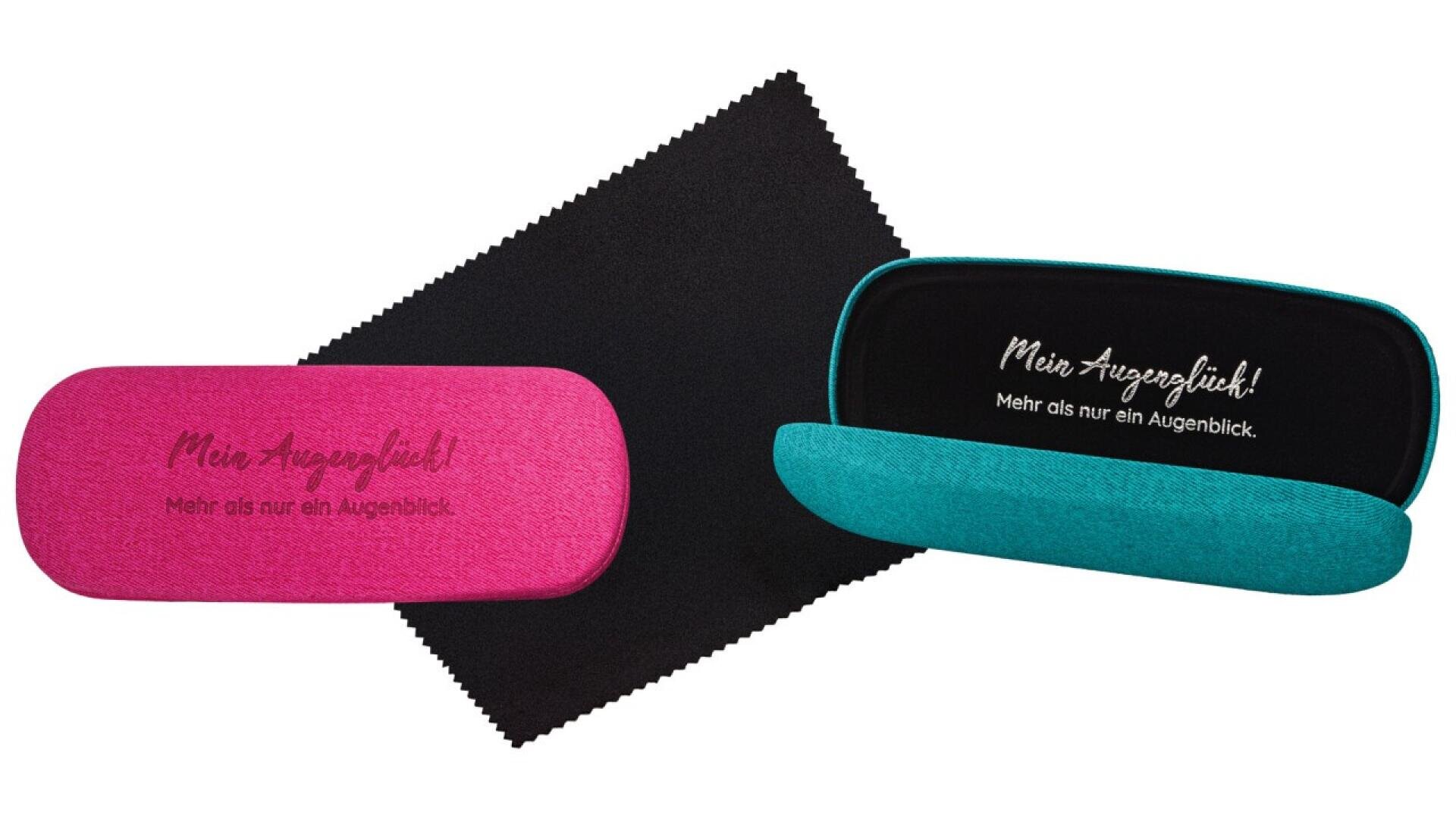 A pink and a teal eyeglass case, both with the German text Mein Augenblick! Mehr als nur ein Augenblick inside, are displayed next to a black microfiber cleaning cloth.