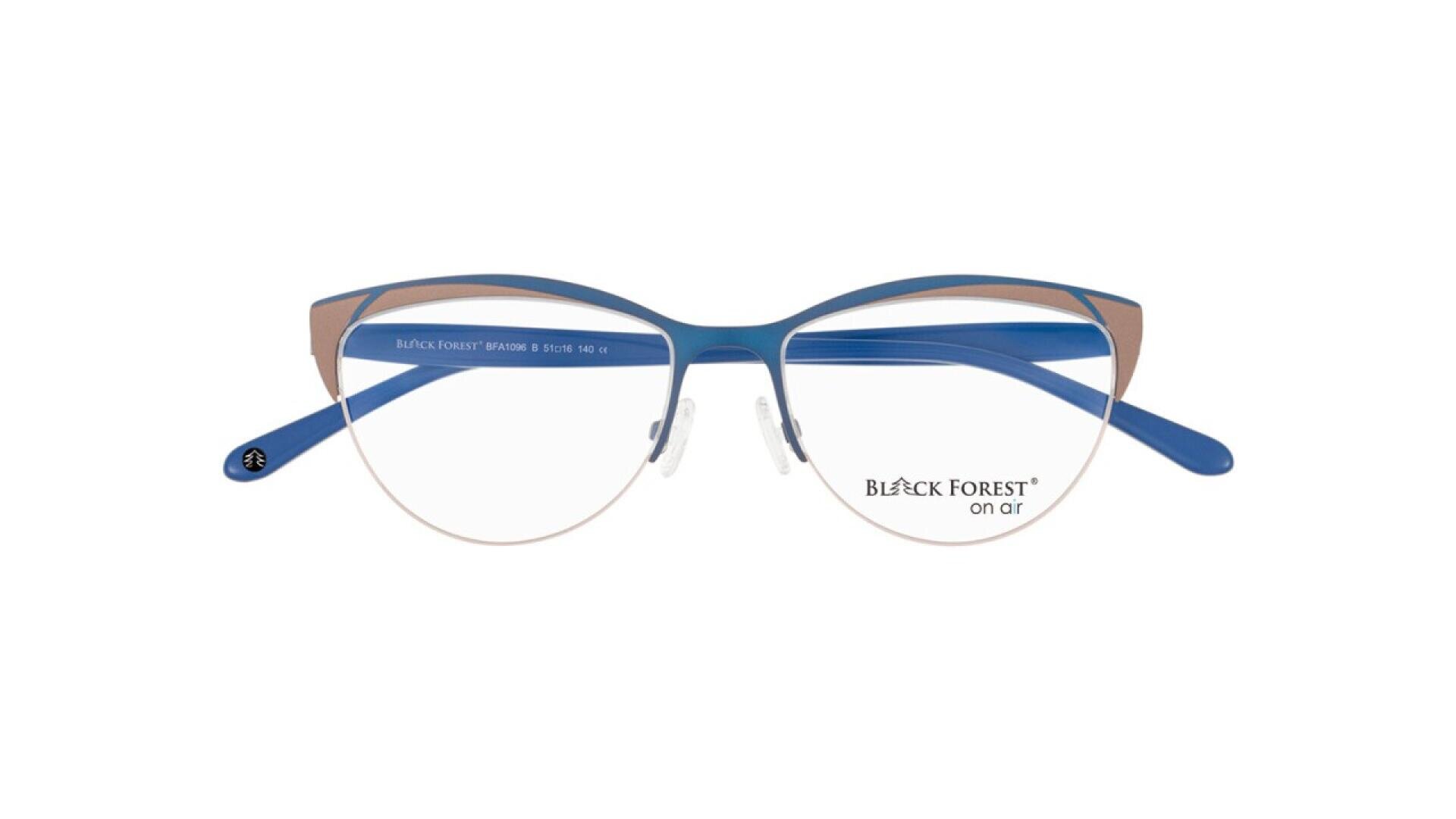 Blue and brown cat-eye eyeglasses with clear lenses, featuring the brand name BLACK FOREST on air on the right lens and slim metal frames with nose pads. The temples are blue with a brown accent near the hinges.