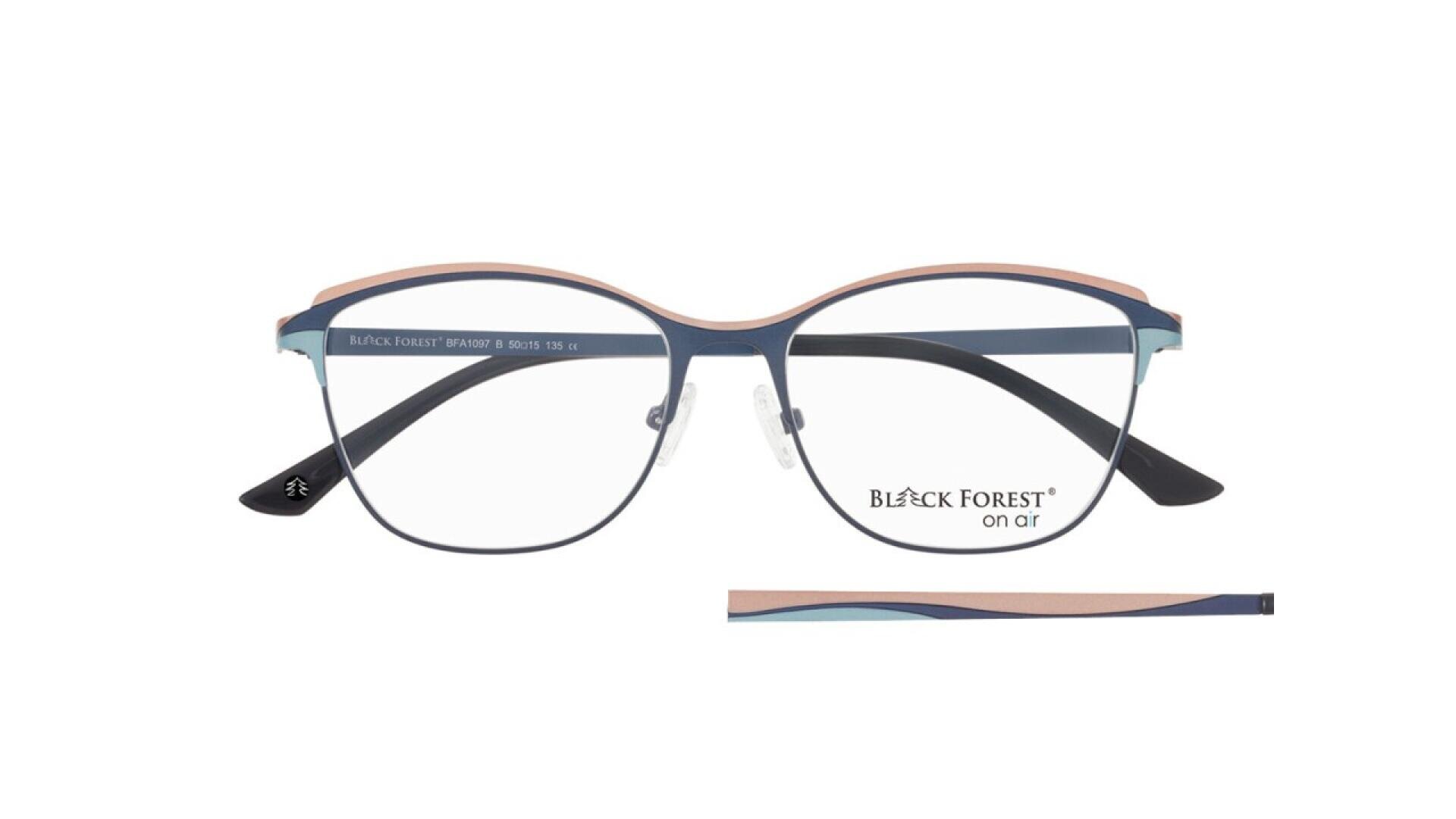 A pair of stylish Black Forest on air eyeglasses with round lenses, a blue and pink metal frame, and black temple arms displayed against a white background.