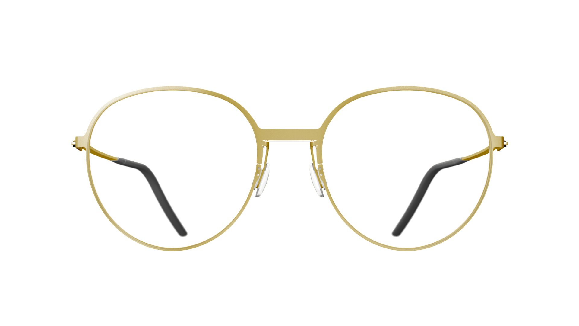 Runde, goldene Brillenfassungen mit schwarzen Bügelenden, abgebildet auf transparentem Hintergrund.