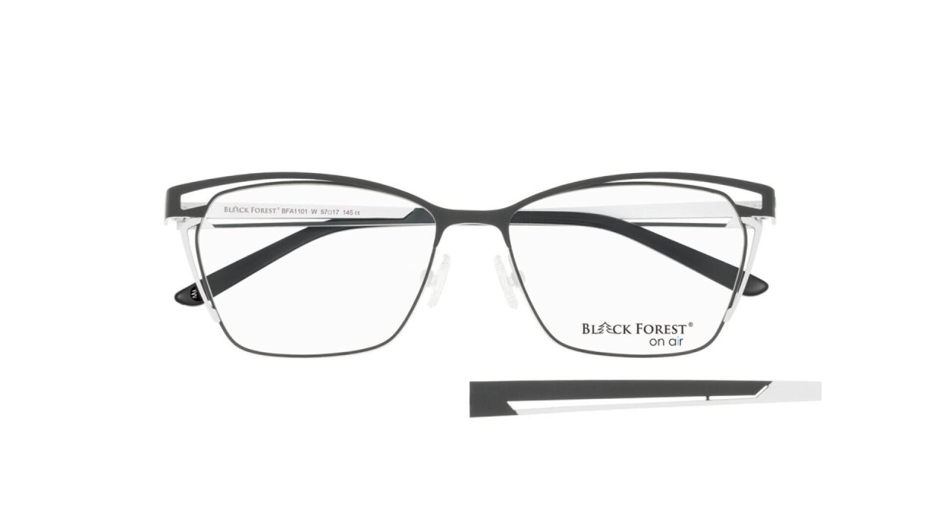 A pair of Black Forest eyeglasses with a black and silver metal frame, rectangular lenses, and a close-up of the temple arm showing a sleek, modern design.