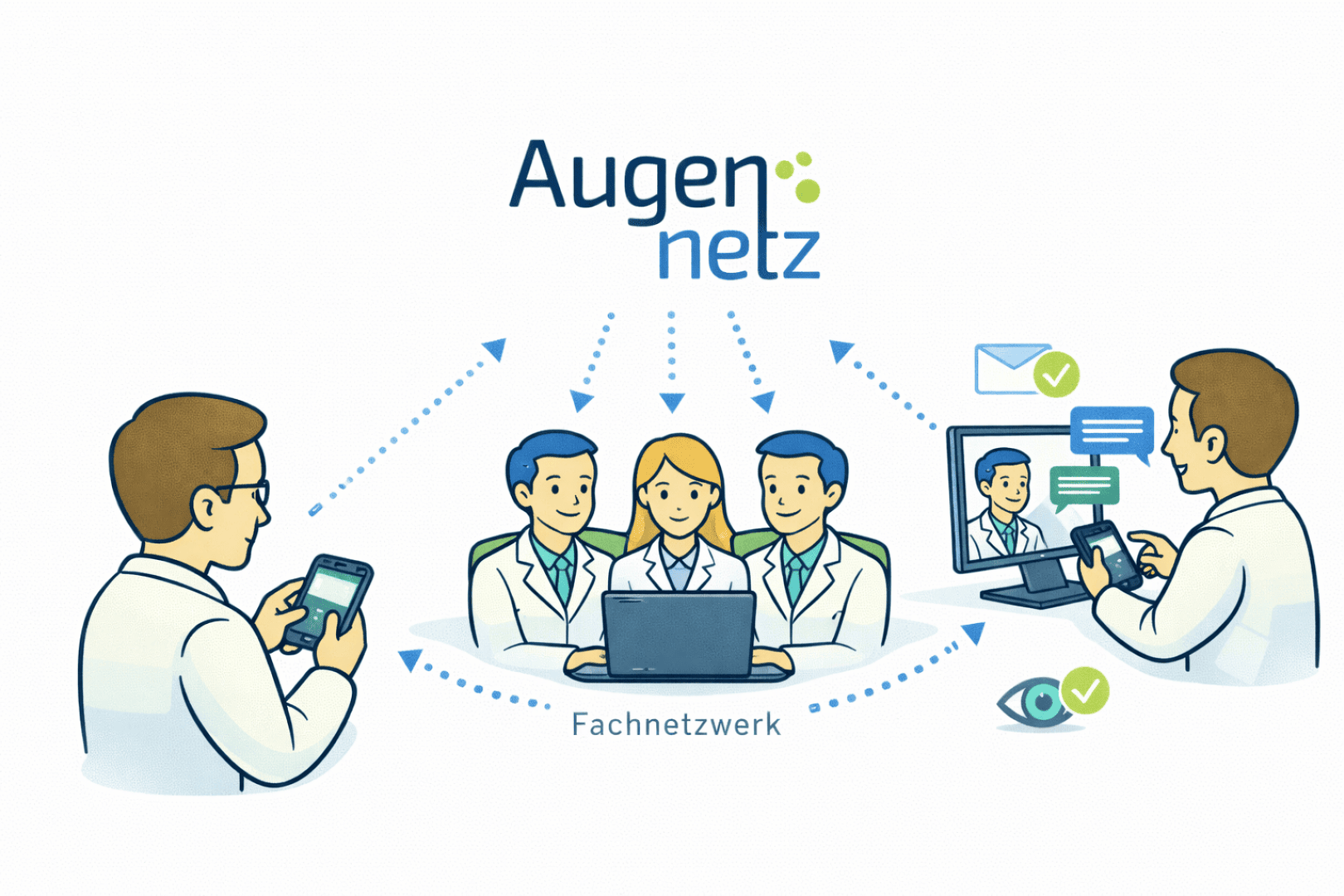 Illustration von Ärzten mit digitalen Geräten, die in einem Netzwerk verbunden sind, mit dem Augen Netz-Logo über ihnen. Pfeile und Icons stehen für Kommunikation und Informationsaustausch. Der Text darunter lautet "Fachnetzwerk.".