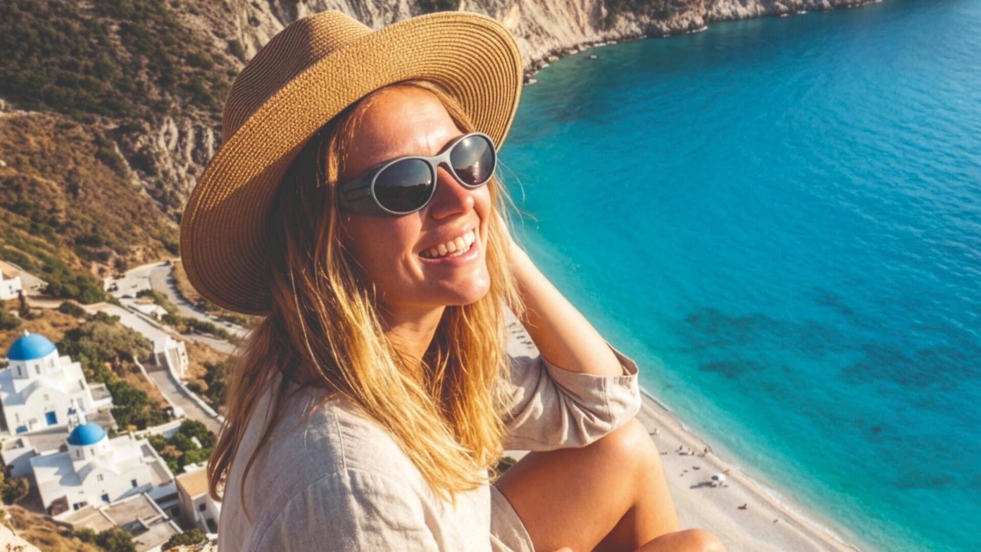 Eine lächelnde Frau mit Sonnenbrille und Sonnenhut sitzt an einem sonnigen Tag auf einer Klippe mit Blick auf ein türkisfarbenes Meer und einen Sandstrand, mit weißen Gebäuden und Klippen im Hintergrund und hat eine Seitenschutzfassung auf