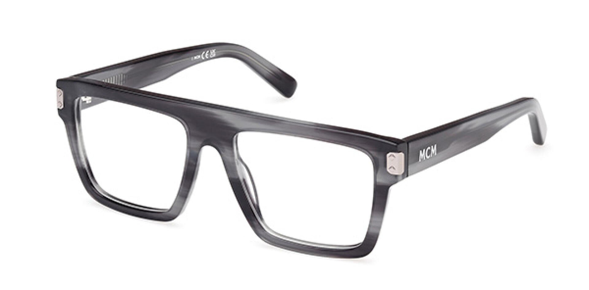 Rectangular black and gray marbled eyeglasses with thick frames and clear lenses, featuring the MCM logo on the left temple.
