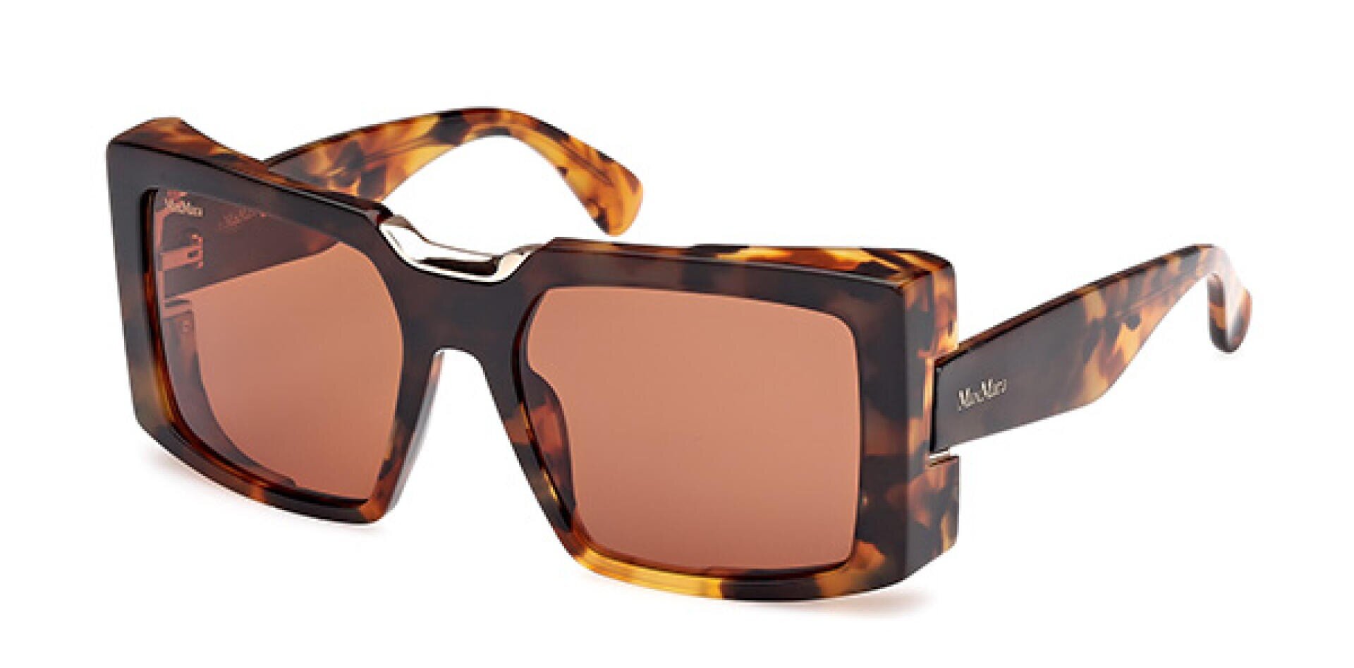 Rechteckige Sonnenbrille aus Schildpatt mit dickem, gemustertem Rahmen in Braun und Bernstein und braun getönten Gläsern auf weißem Hintergrund.