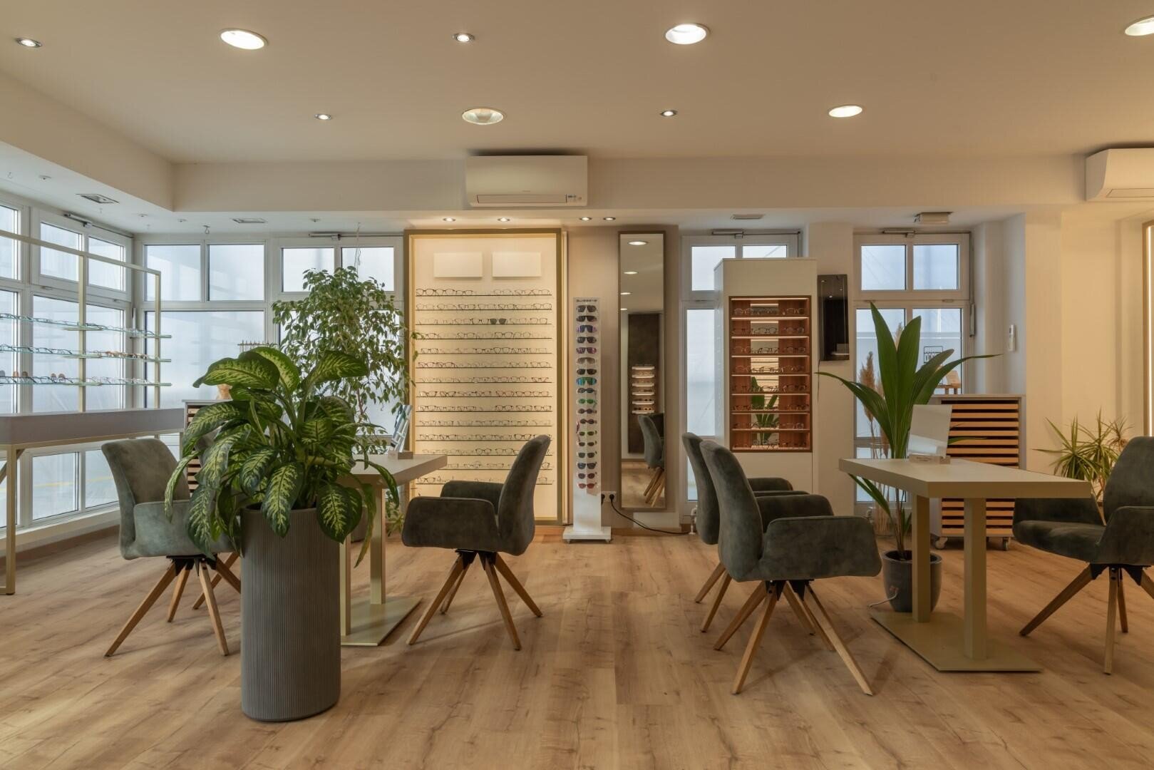 Eine moderne Optikerpraxis mit Brillenständern, Grünpflanzen und mehreren Tischen mit gepolsterten Stühlen auf hellem Holzboden und großen Fenstern, die natürliches Licht hereinlassen.