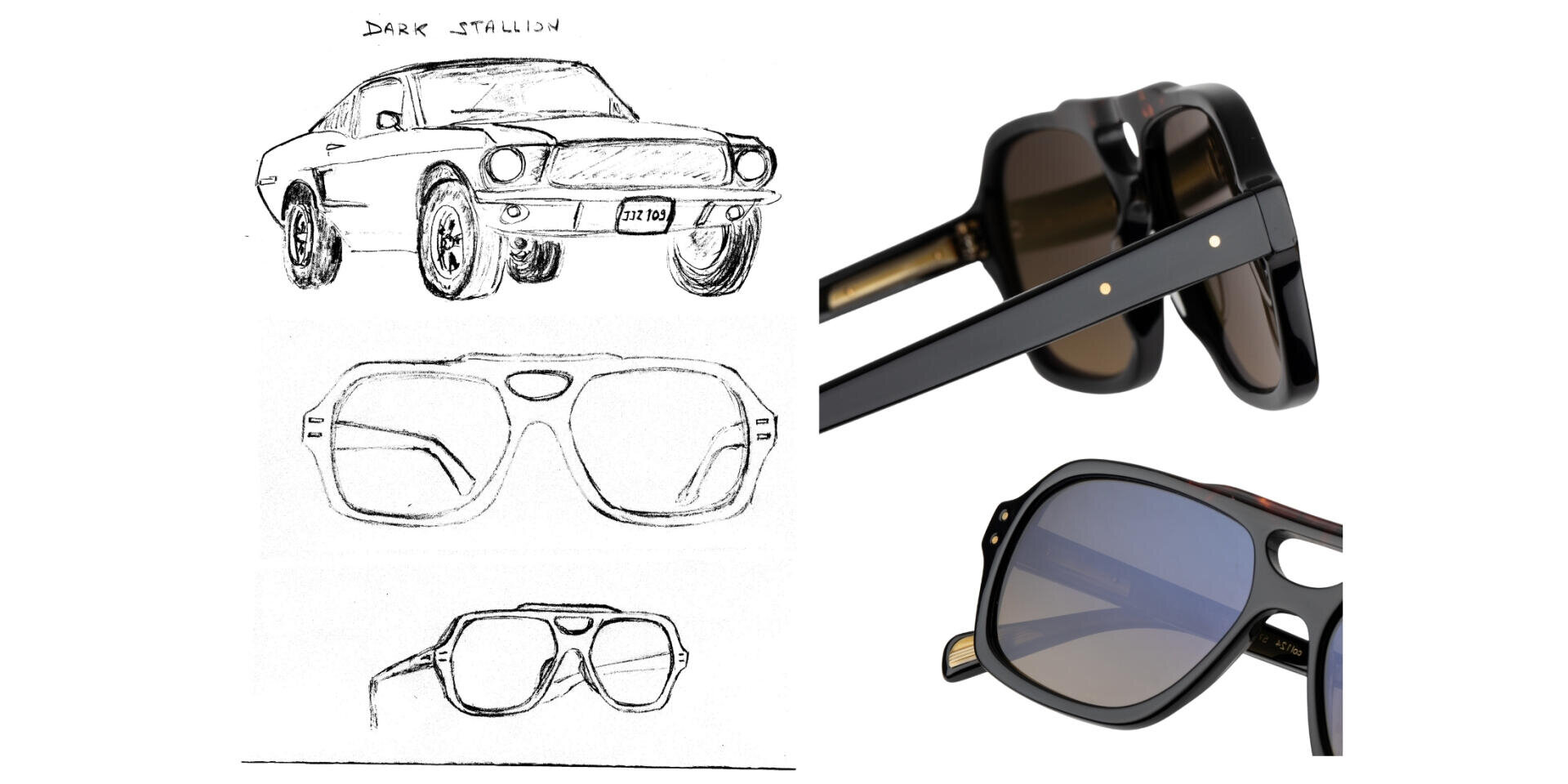 On the left-hand side is a sketch of a vintage car with the inscription Dark Stallion and two sketches of spectacle frames. On the right-hand side are close-ups of black sunglasses showing details of the frame and tinted lenses.