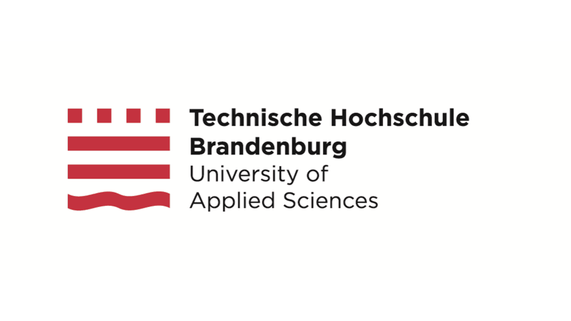 Logo of Technische Hochschule Brandenburg, University of Applied Sciences. Features red stripes and wave shapes on the left, with the university name in black and red text on the right, all on a white background.