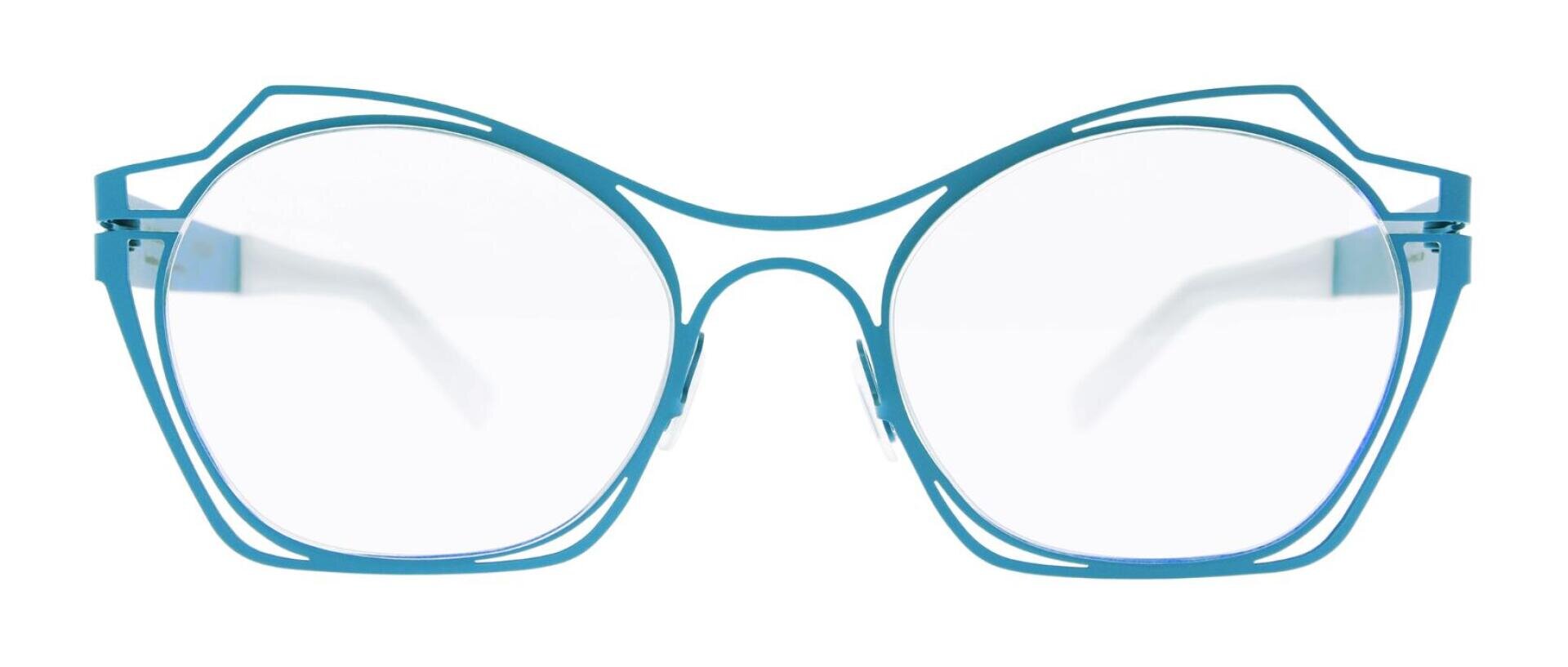 Blaue geometrische Brillenfassung mit doppellagigem Rand und runden, klaren Gläsern, von vorne auf weißem Hintergrund dargestellt.