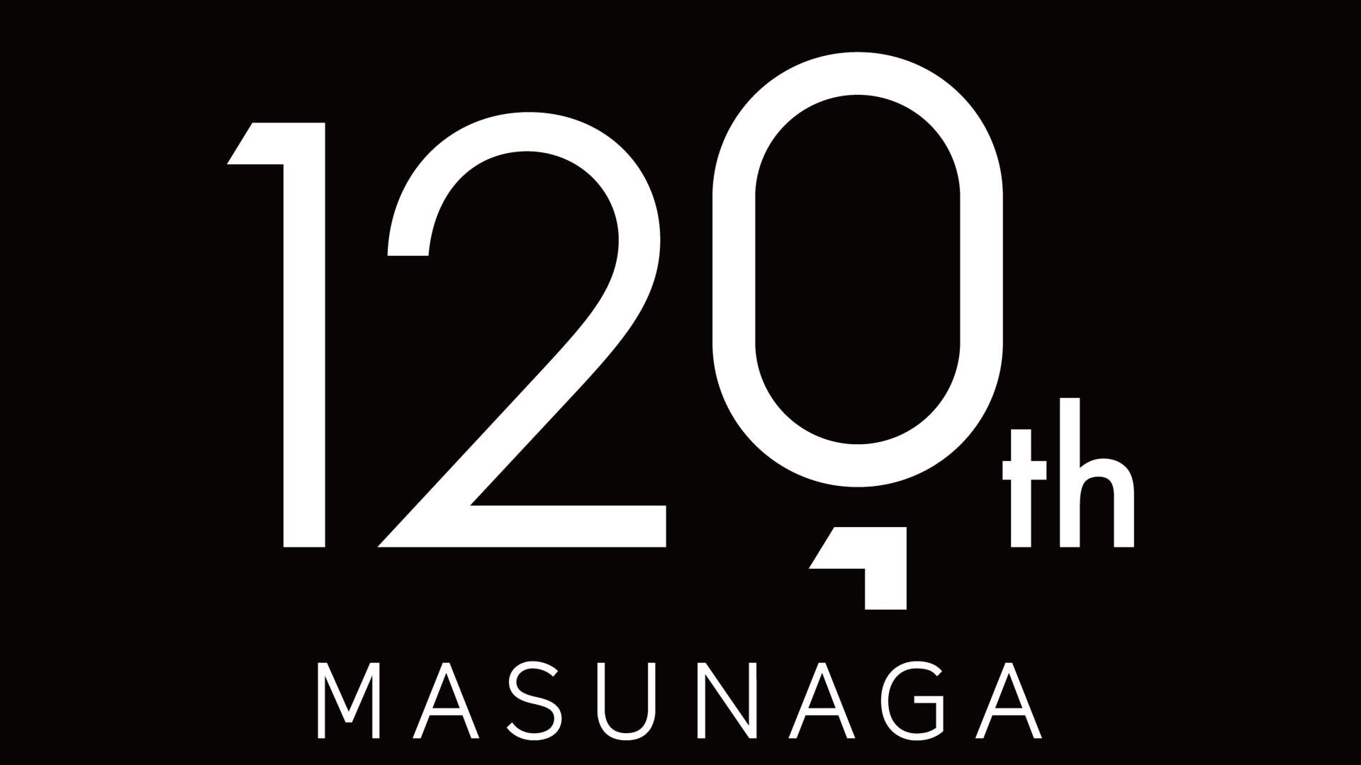 White text on a black background reads 120th MASUNAGA. The number 0 in 120th has a unique design with an extended lower tail. MASUNAGA is displayed in uppercase letters beneath the number.
