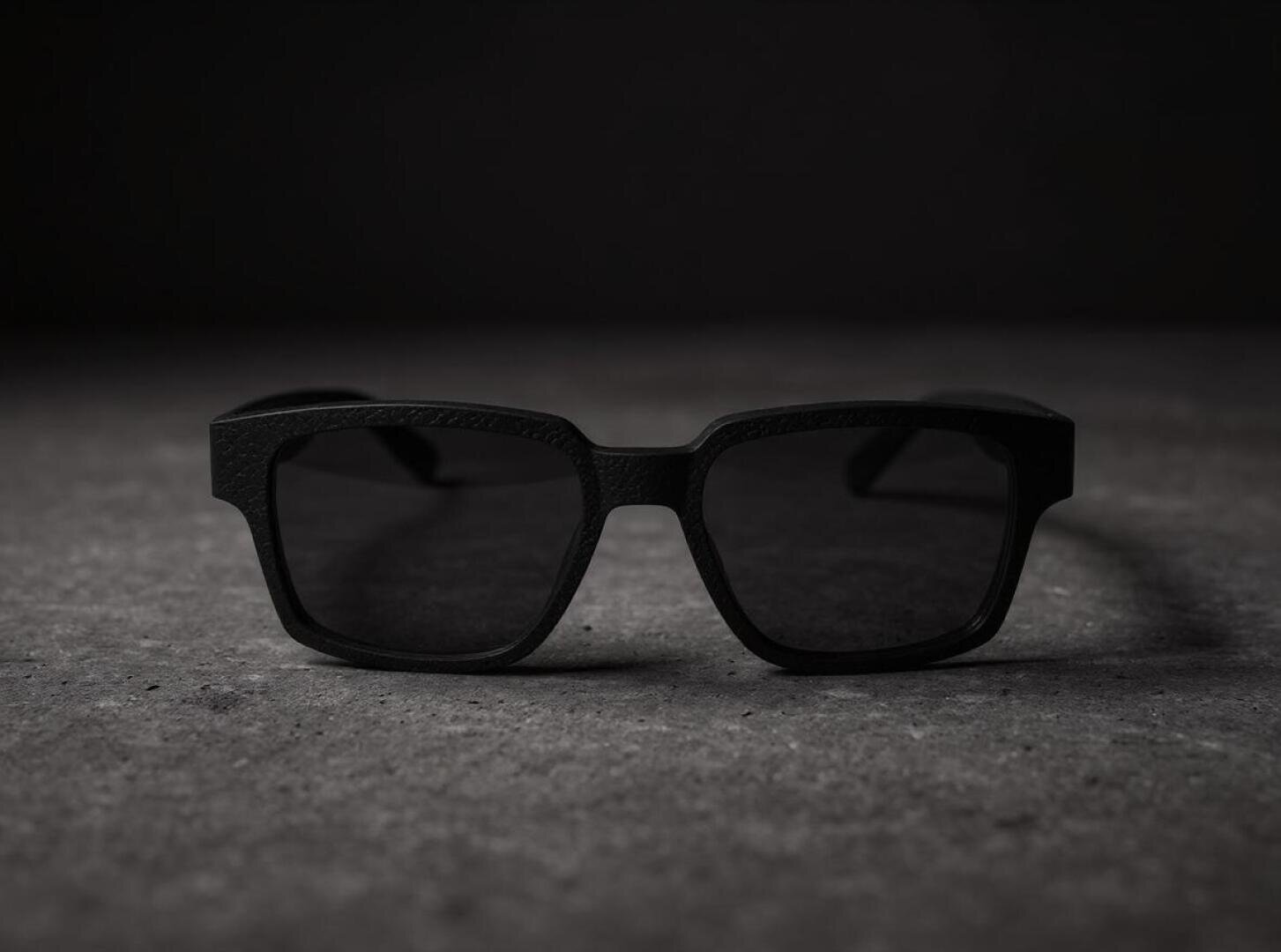 Black rectangular sunglasses with dark lenses stand on a gray, textured surface against a dark background.