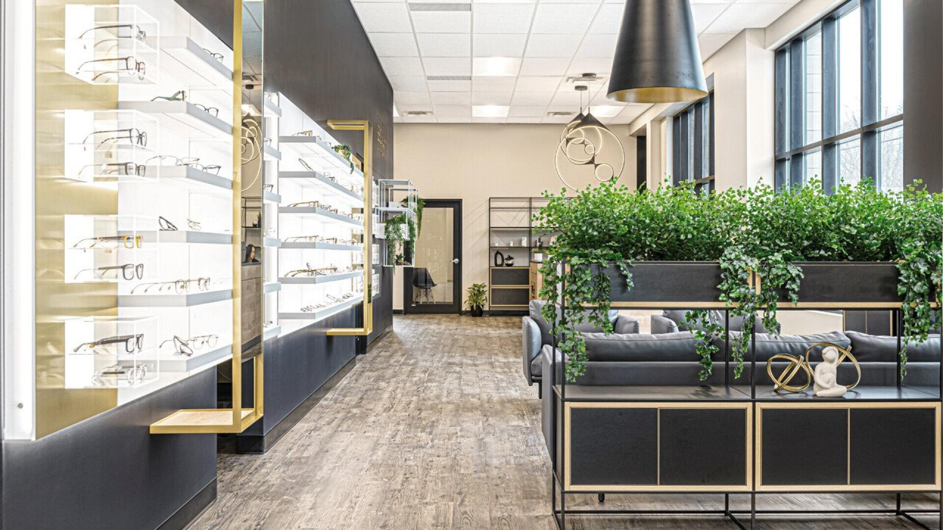A modern optometry office with eyeglasses displayed on white wall shelves, wooden floor, large windows, black and gold decor, gray seating, and green plants in black planters dividing the space.