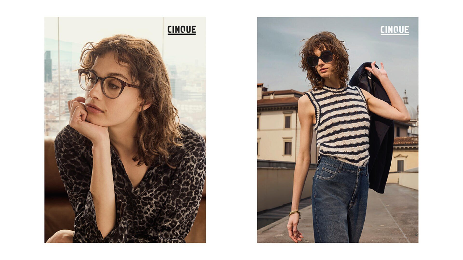 Zwei Modebilder: Auf der linken Seite sitzt eine Frau mit lockigem Haar und Brille in einer Bluse mit Leopardenmuster in einem Haus und stützt ihr Gesicht auf ihre Hand. Rechts steht sie im Freien mit Sonnenbrille, einem ärmellosen gestreiften Oberteil und Jeans und hält eine Jacke.