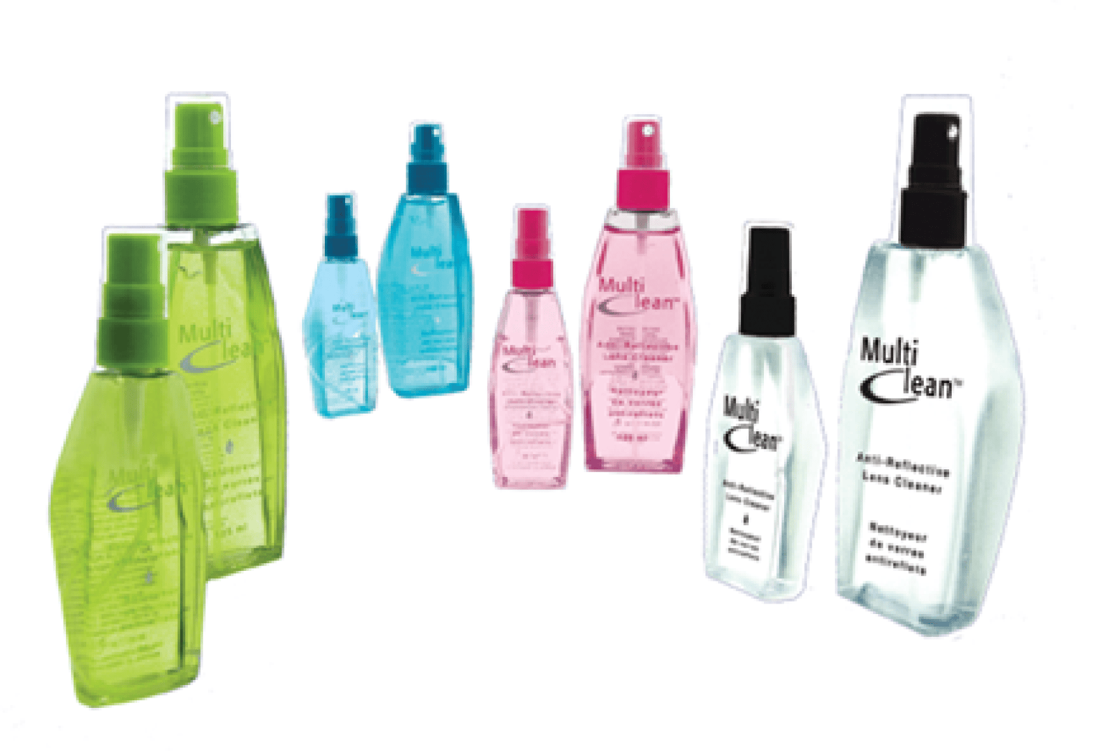 Assorted spray bottles in various sizes and colors, labeled “Multi Clean” and other text, arranged in two rows. The bottles are green, blue, pink, and clear with matching spray tops.
