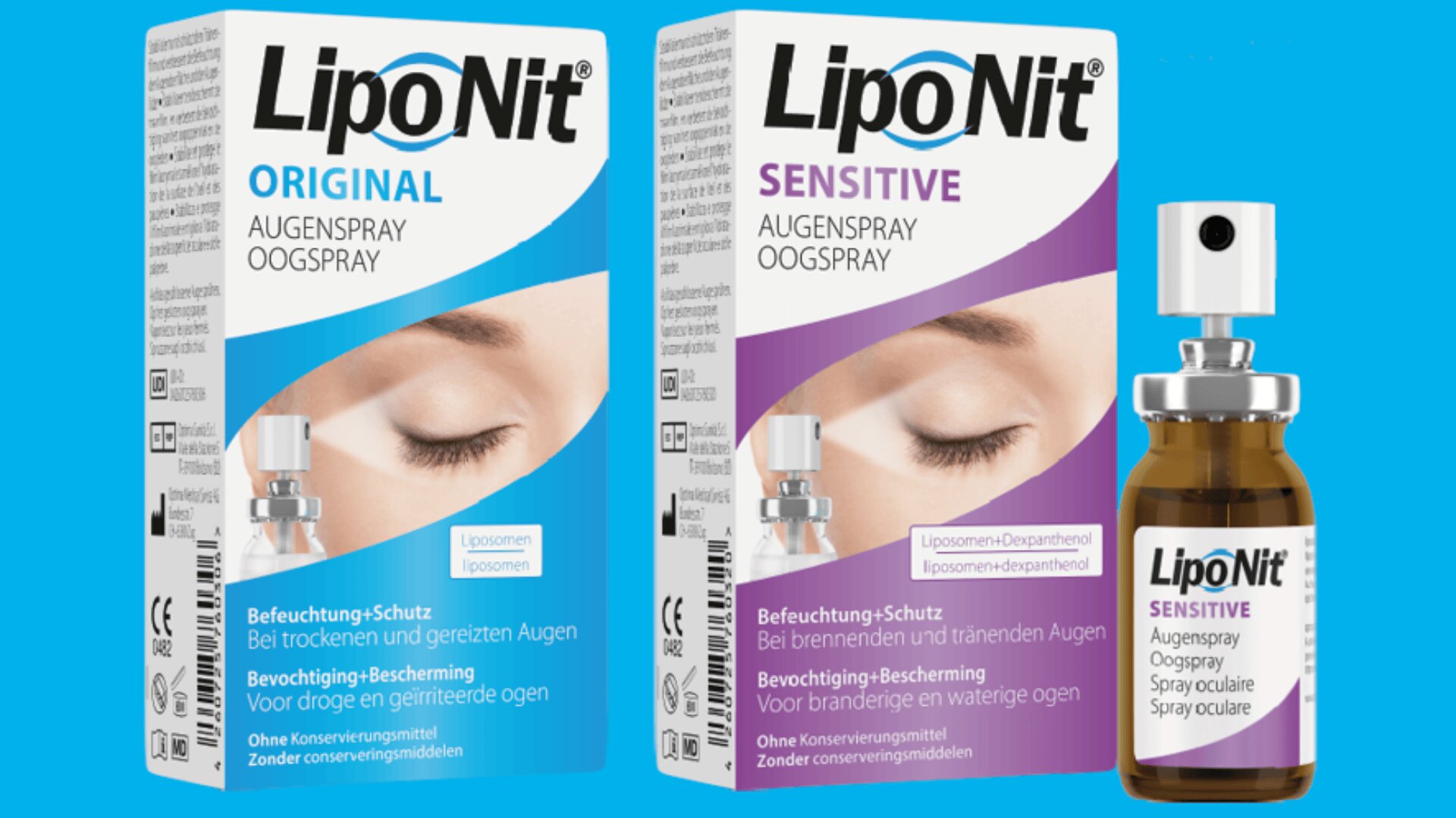 Zwei Schachteln LipoNit-Augenspray mit den Aufschriften Original (blau) und Sensitive (lila) sind neben einer braunen Sprühflasche abgebildet. Jede Schachtel zeigt eine Nahaufnahme eines geschlossenen Auges und Produktinformationen in mehreren Sprachen.