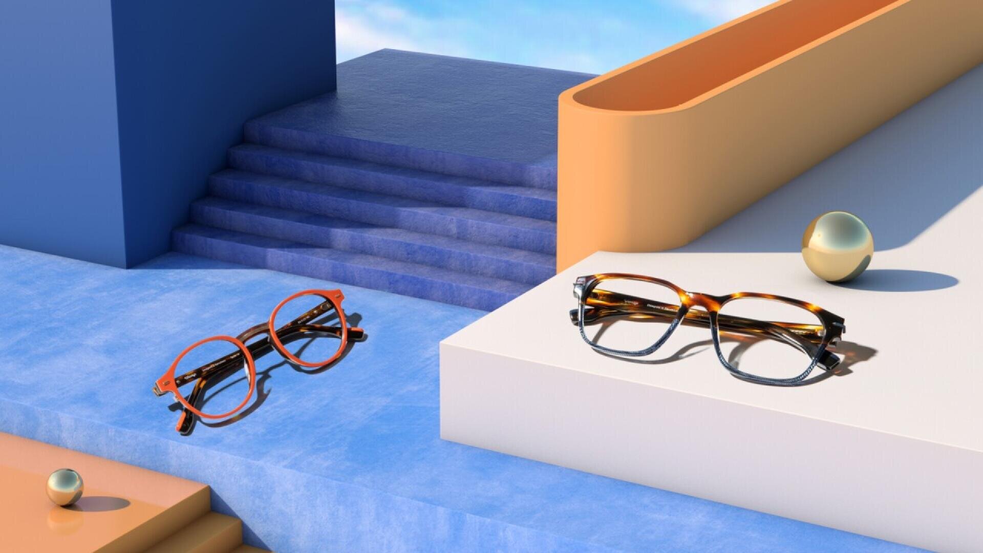 Two pairs of eyeglasses rest on geometric platforms with blue stairs and abstract shapes in the background, creating a modern, minimalist scene with soft lighting.