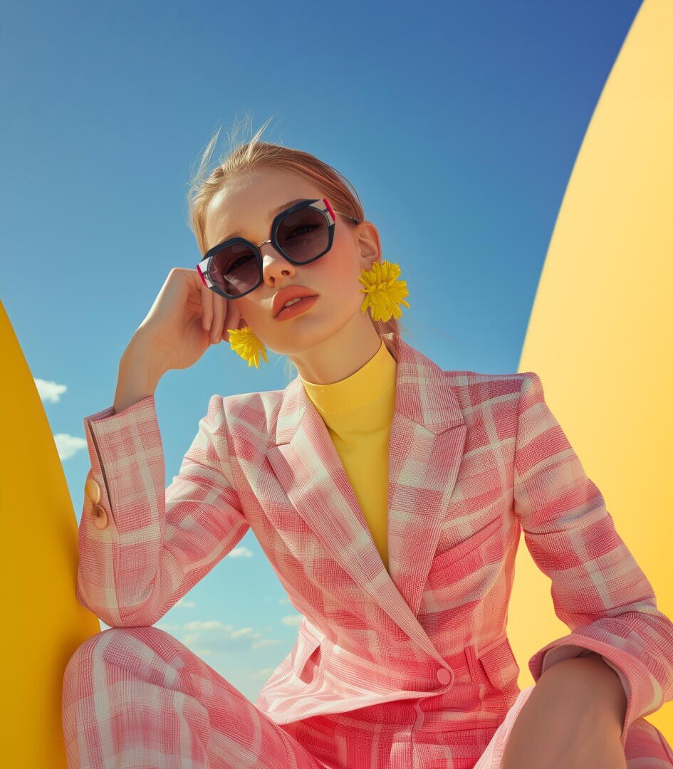 Eine Frau mit großer Sonnenbrille, gelben Blumenohrringen, einem gelben Rollkragenpullover und einem rosa karierten Anzug posiert vor einem strahlend blauen Himmel mit kräftigen gelben Formen im Hintergrund.
