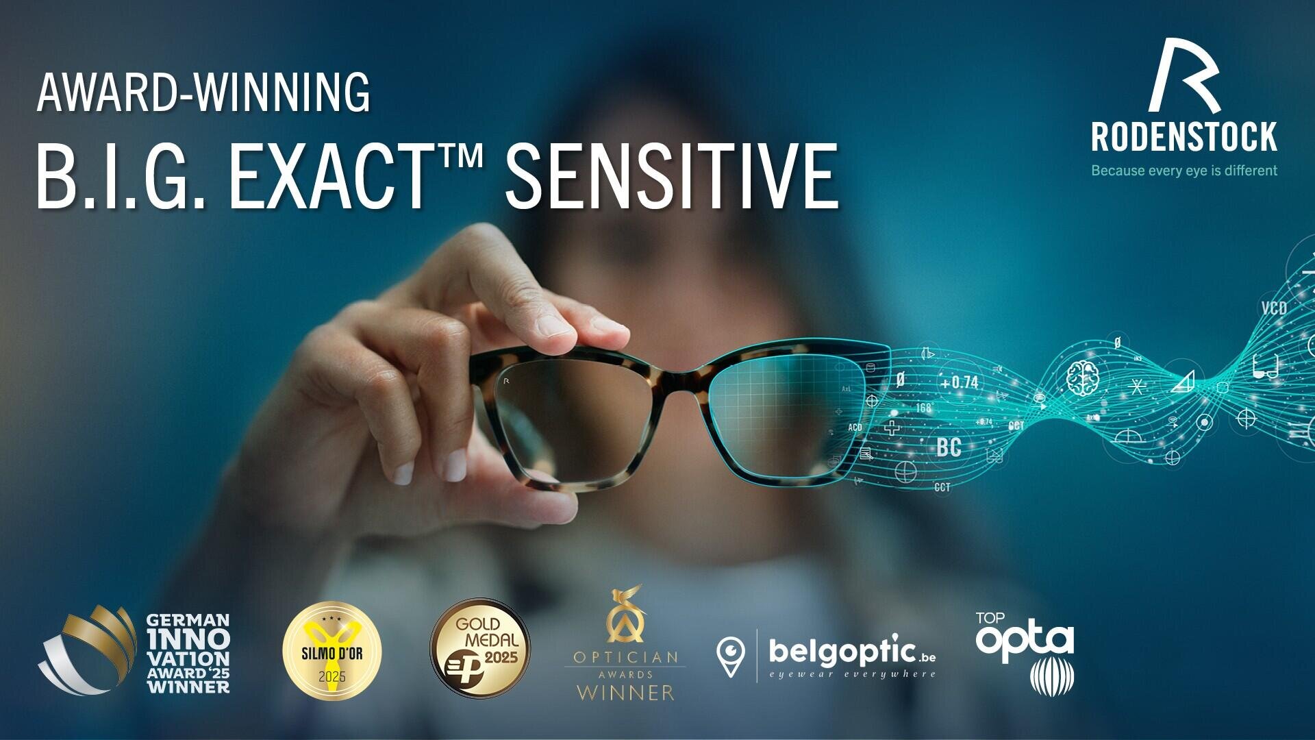 Eine Hand hält eine Brille, aus deren Gläsern eine digitale, blaue Datenflussgrafik herausragt. Der Text lautet "Award-Winning B.I.G. EXACT Sensitive" und zeigt Auszeichnungen und das Rodenstock-Logo.