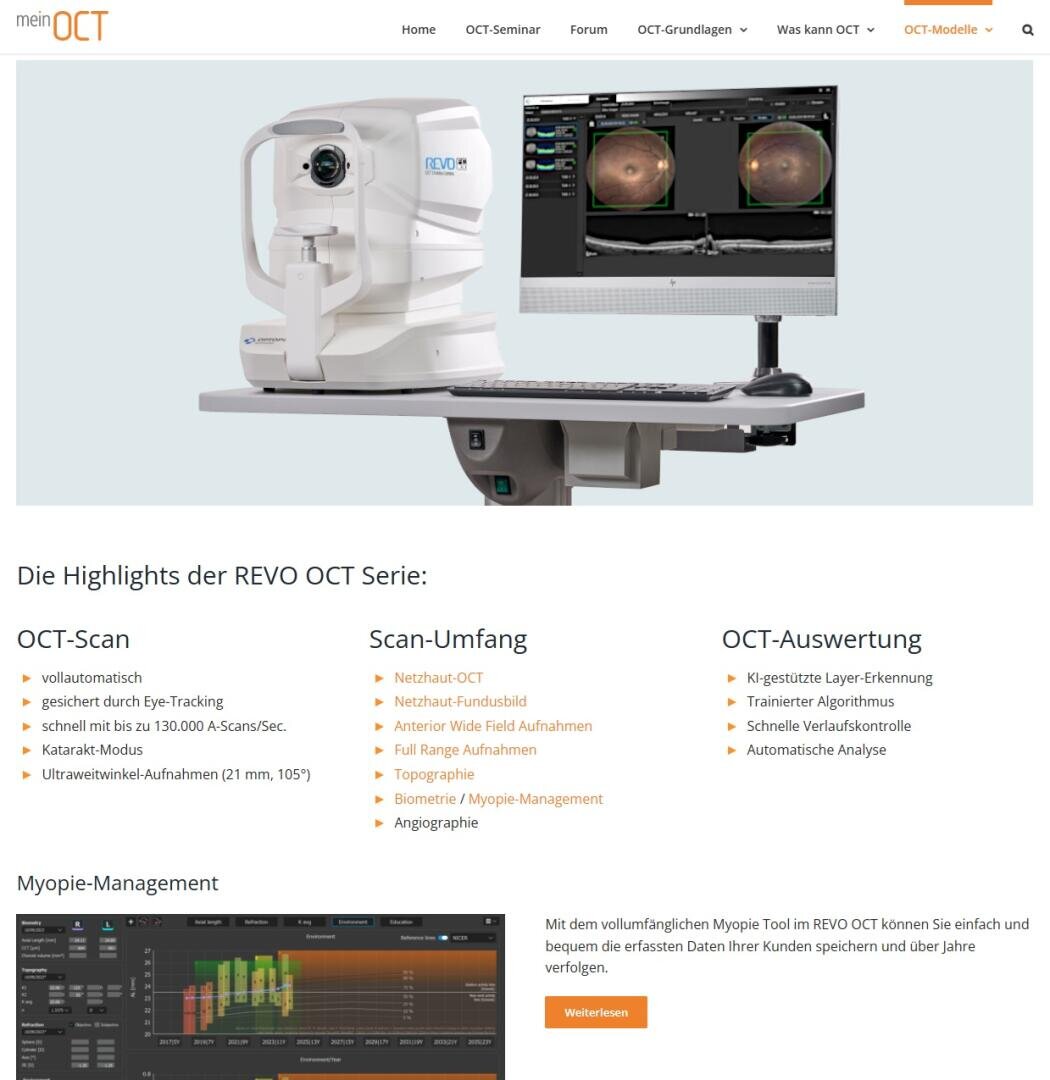 Ein medizinisches OCT-Gerät (Optische Kohärenztomographie) wird neben einem Computermonitor positioniert, der detaillierte Bilder des Auges anzeigt. Die Webseite hebt die Merkmale der REVO OCT-Serie in deutscher Sprache hervor.